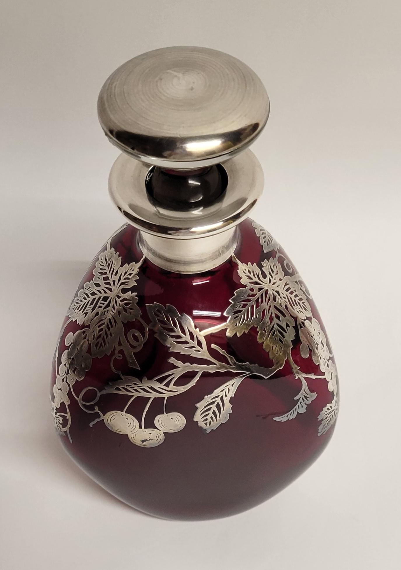 20th Century Antique Ruby Glass Decanter with Silver Overlay For Sale