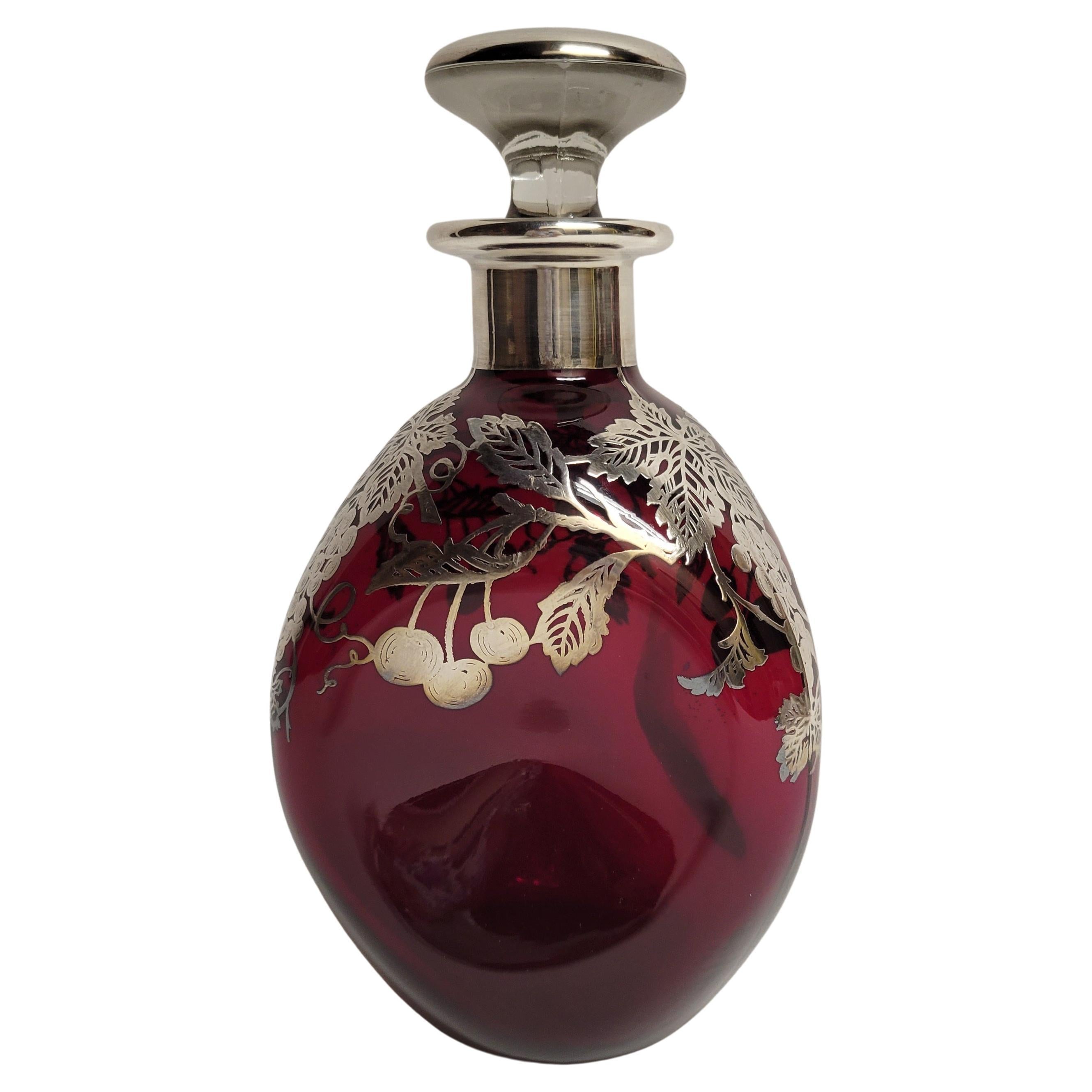 Antique Ruby Glass Decanter with Silver Overlay For Sale