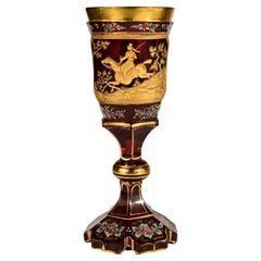 Antique Ruby Goblet, Cut, Painted and Engraved Gilt, Lady on Horseback
