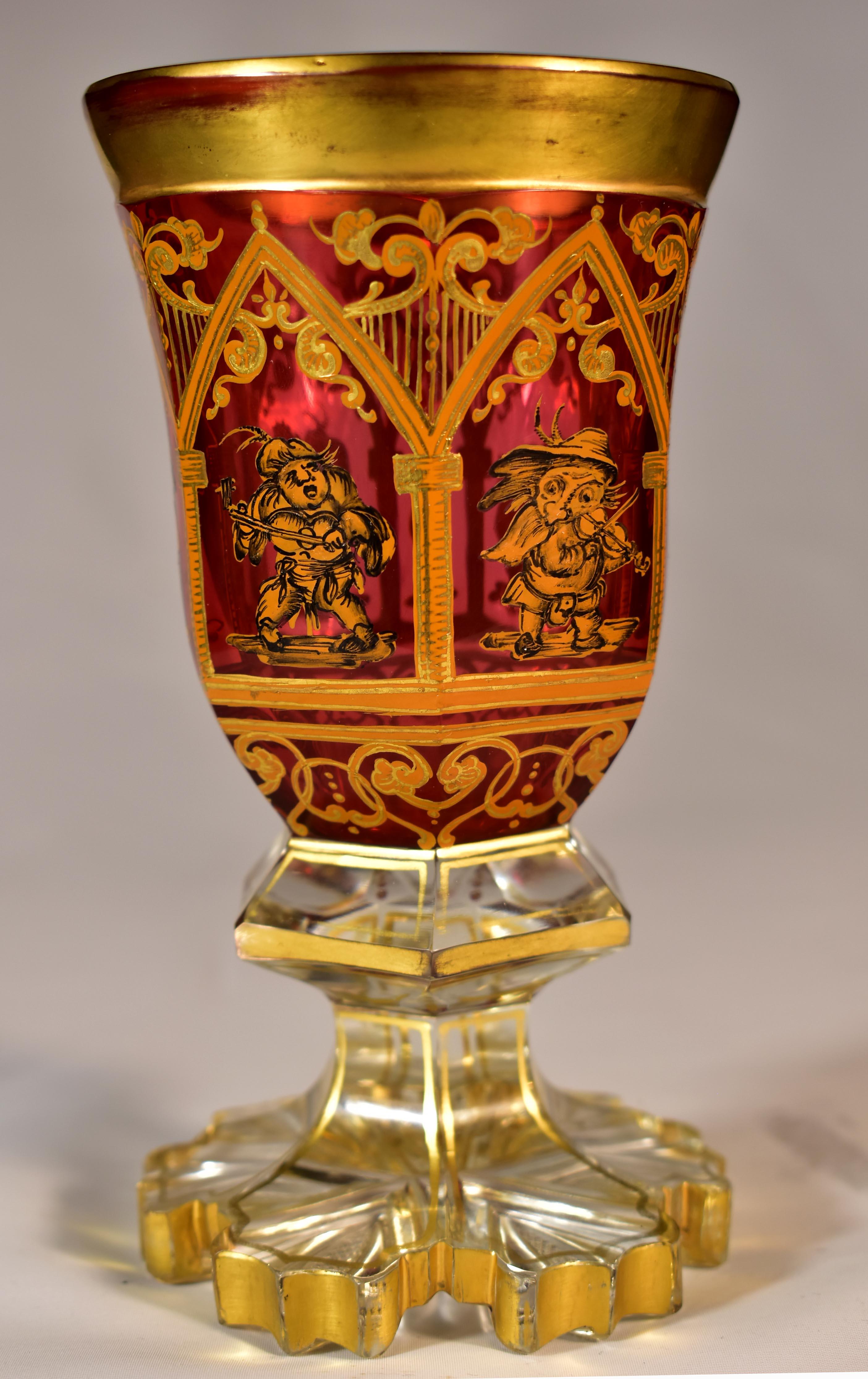 Biedermeier Antique Ruby Goblet - Painted 19th century Bohemian Glass For Sale