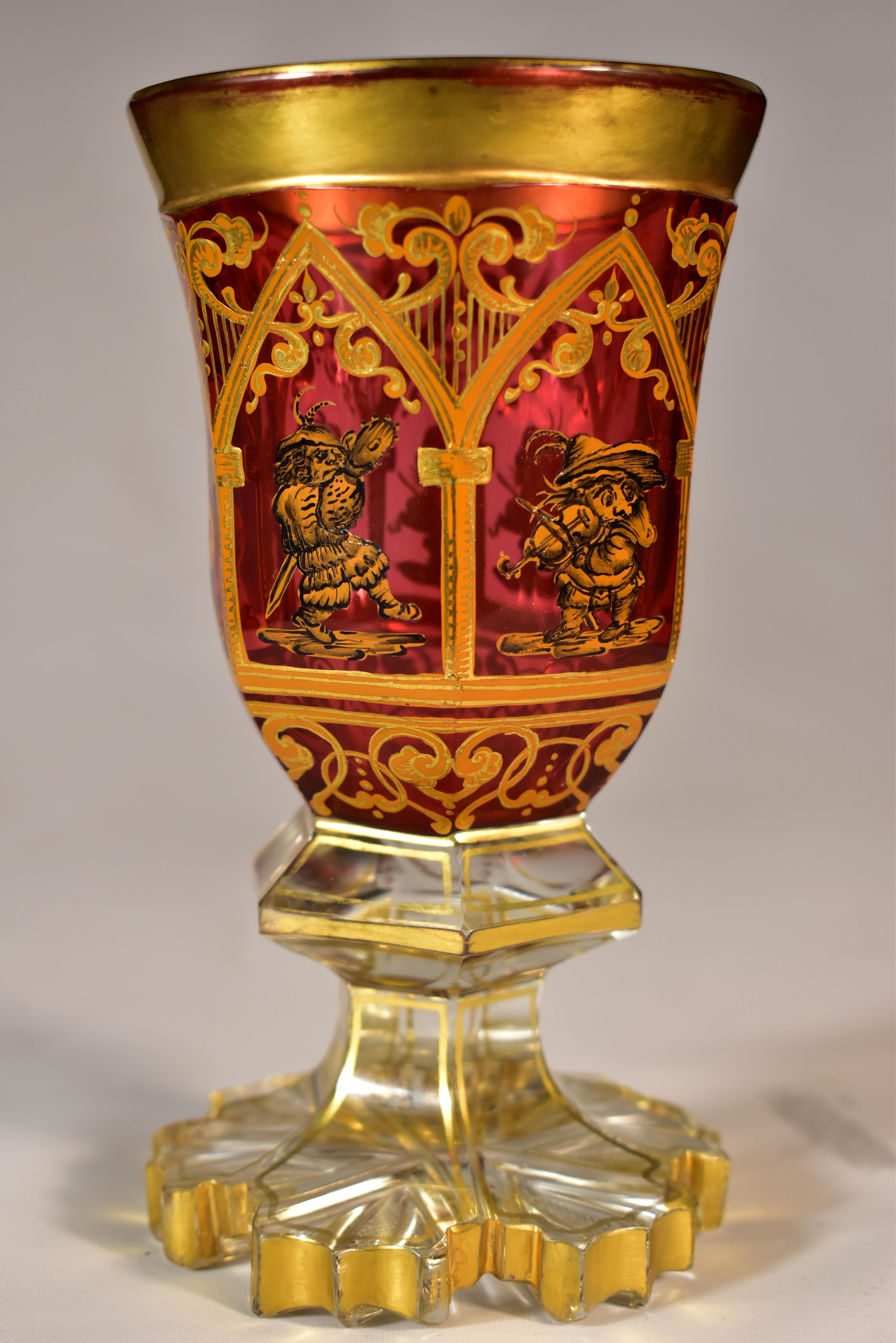Czech Antique Ruby Goblet - Painted 19th century Bohemian Glass For Sale