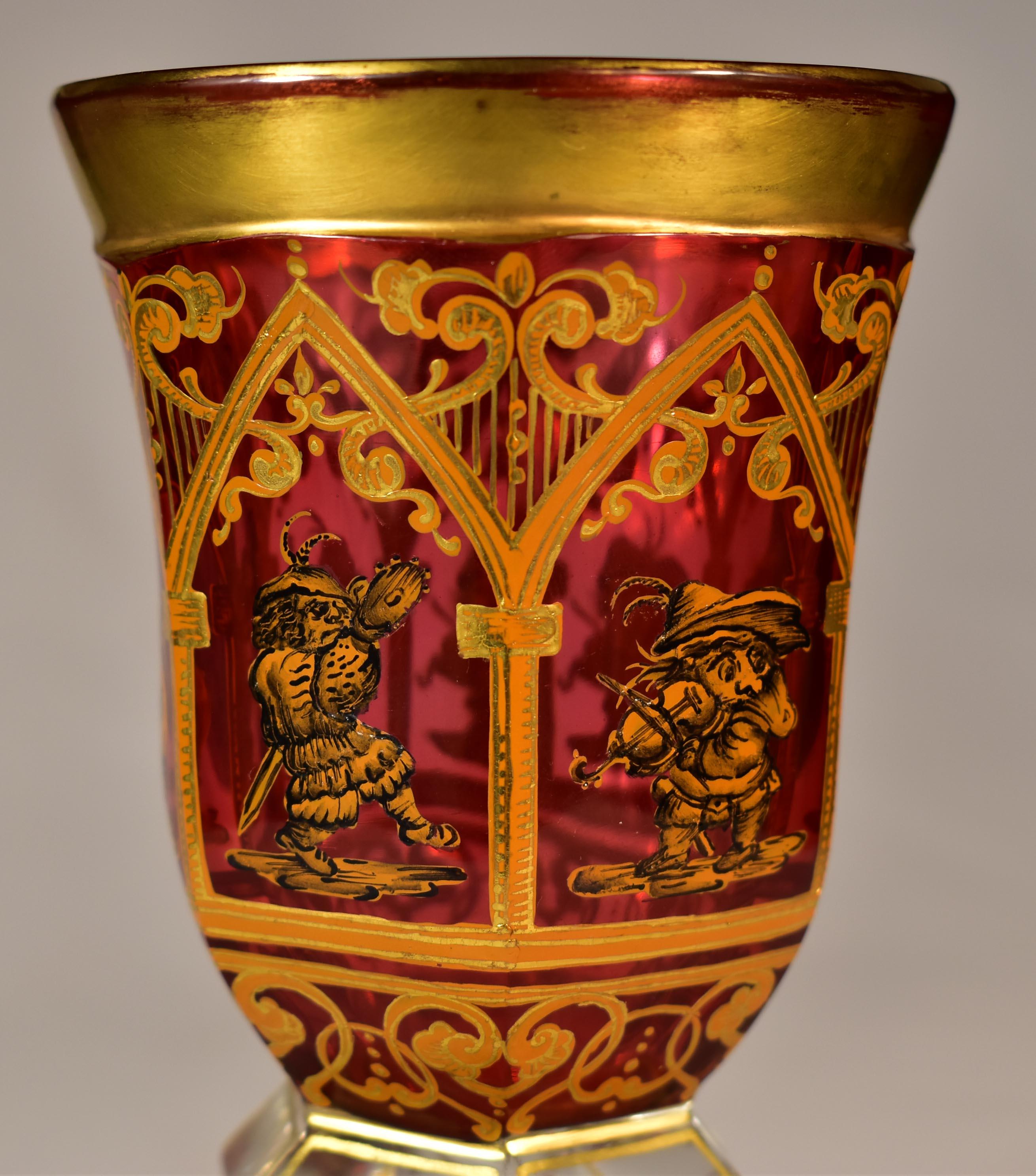 Hand-Crafted Antique Ruby Goblet - Painted 19th century Bohemian Glass For Sale