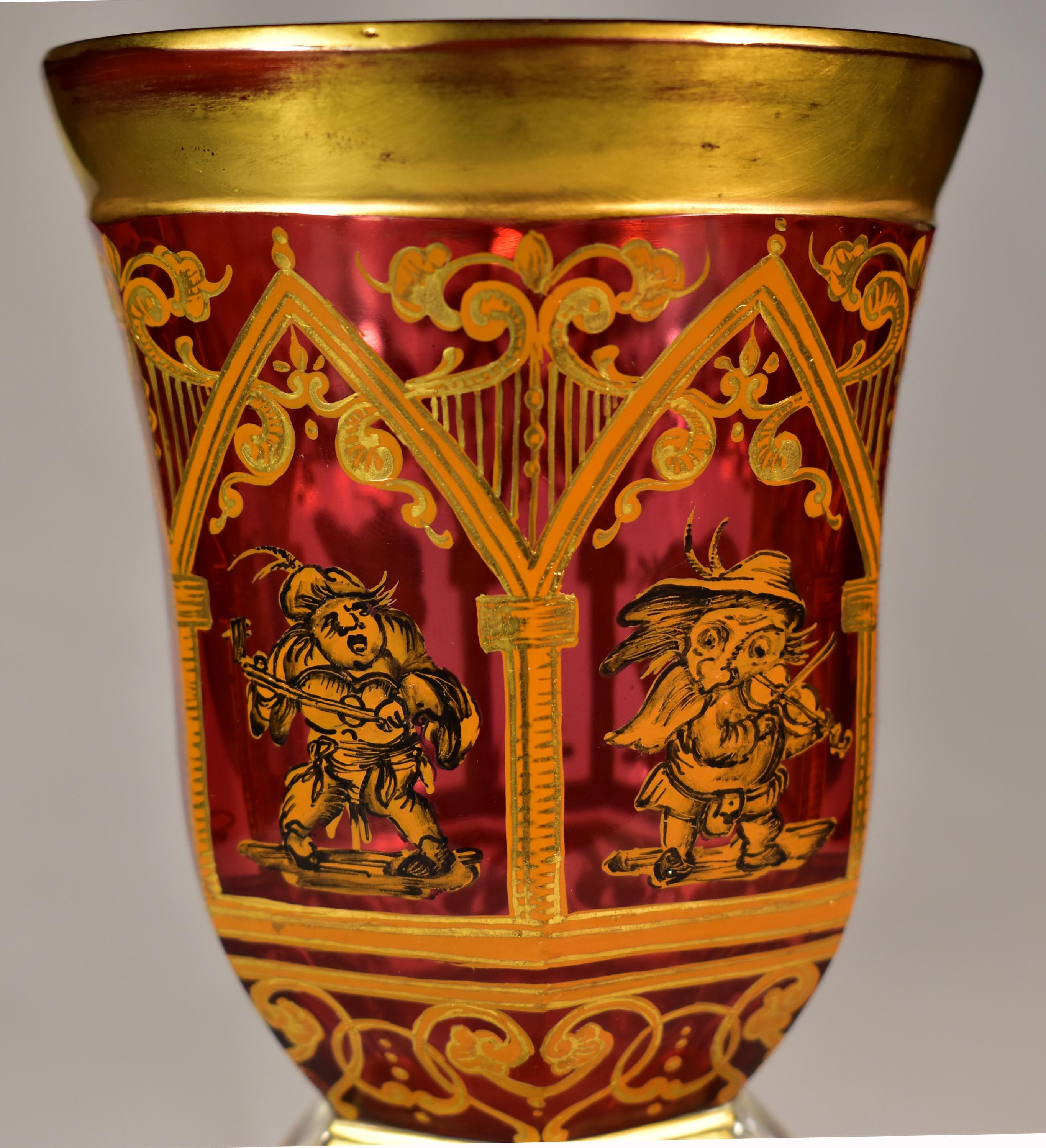 19th Century Antique Ruby Goblet - Painted 19th century Bohemian Glass For Sale