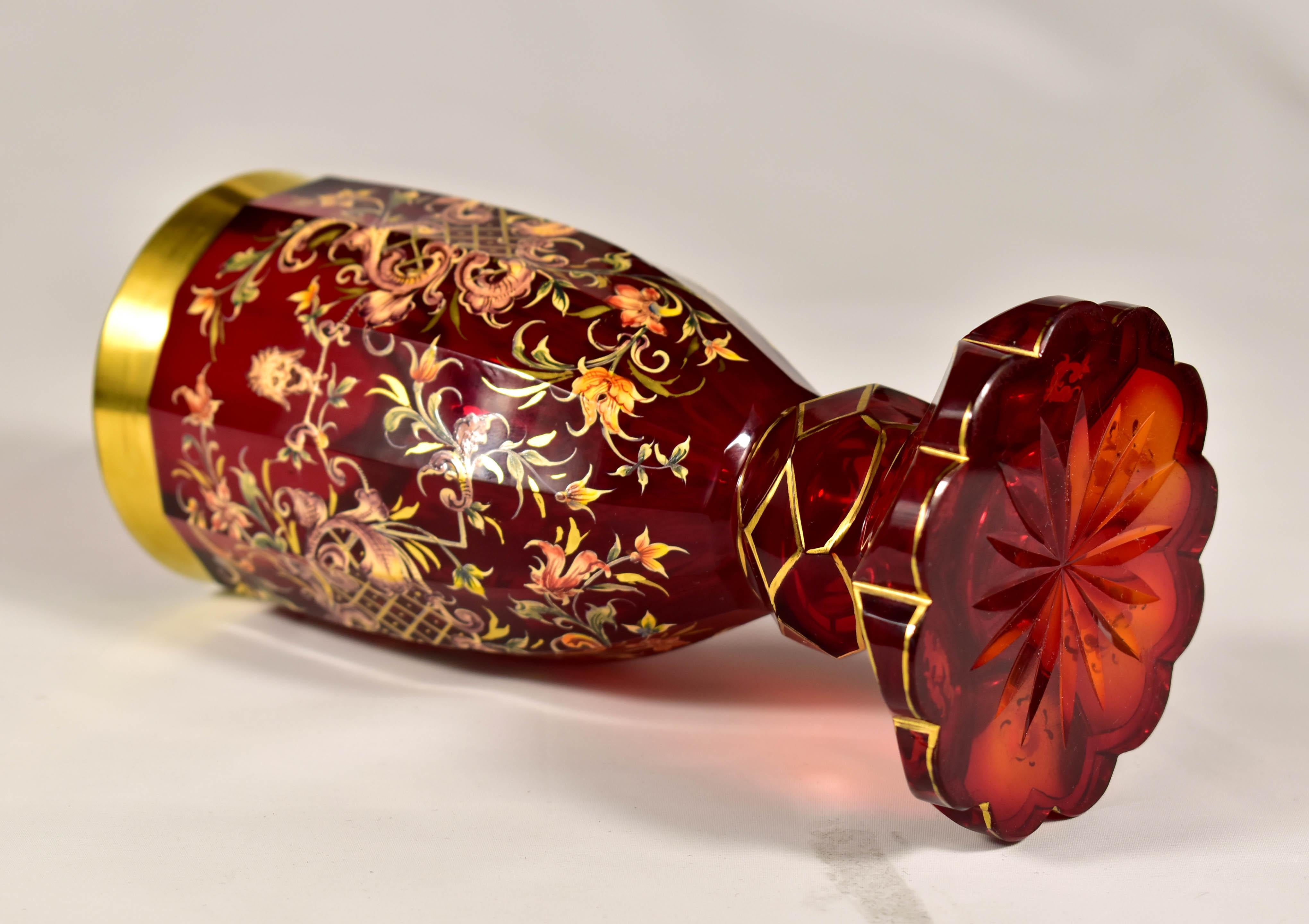 Antigua copa de Rubí Pintada Vidrio de Bohemia del siglo XX en venta 14