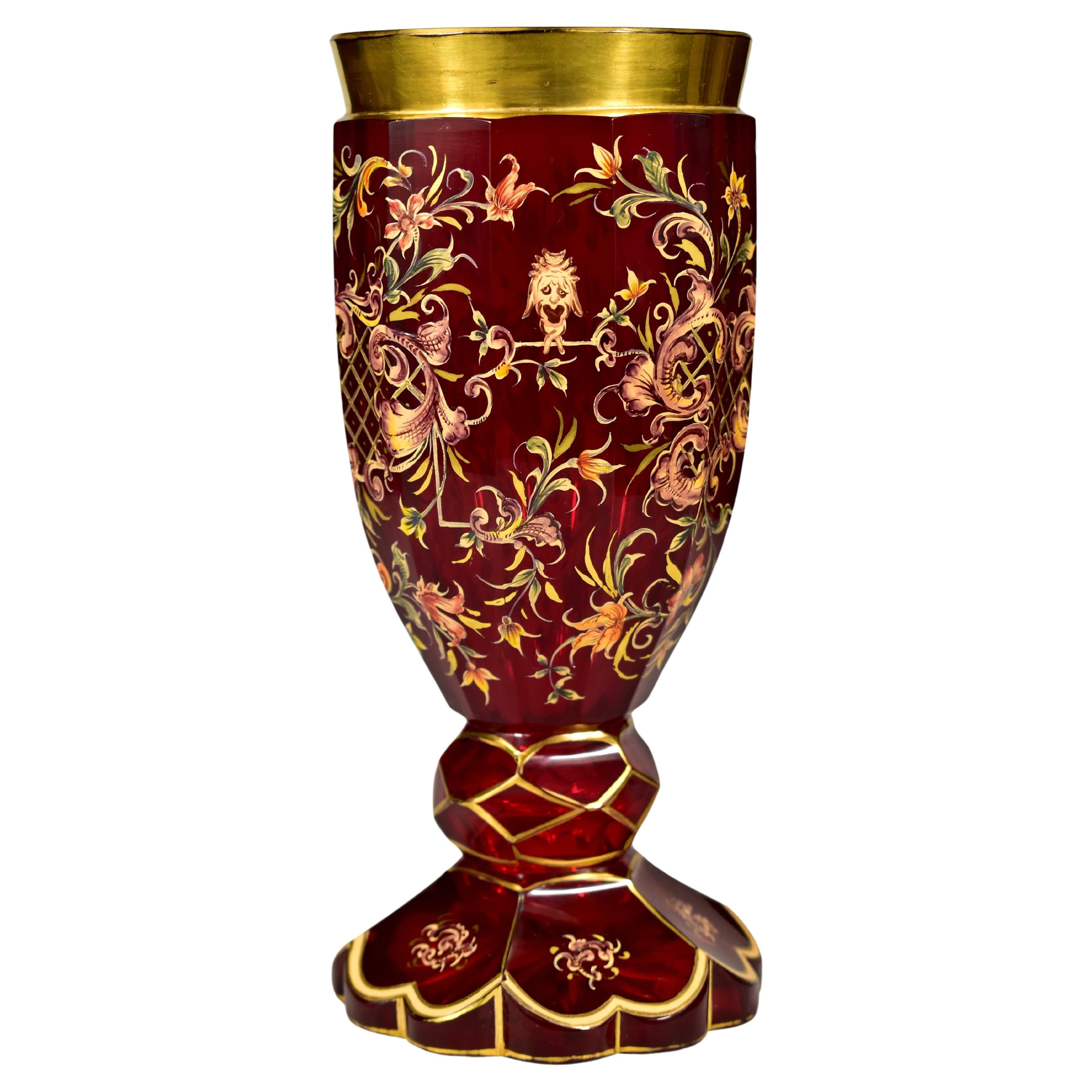 Antigua copa de Rubí Pintada Vidrio de Bohemia del siglo XX