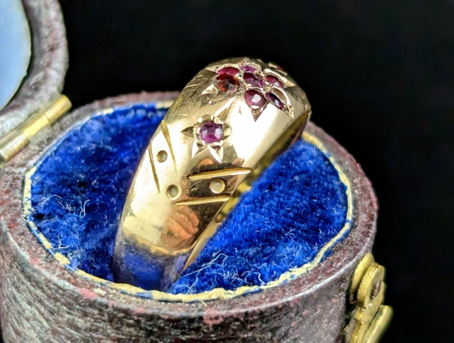 Round Cut Antique Ruby gypsy set ring, 15k yellow gold, Victorian 