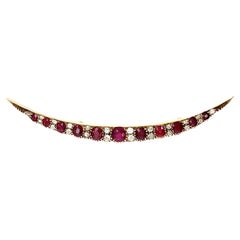 Antique Ruby Old Cut Diamond Gold Crescent Brooch