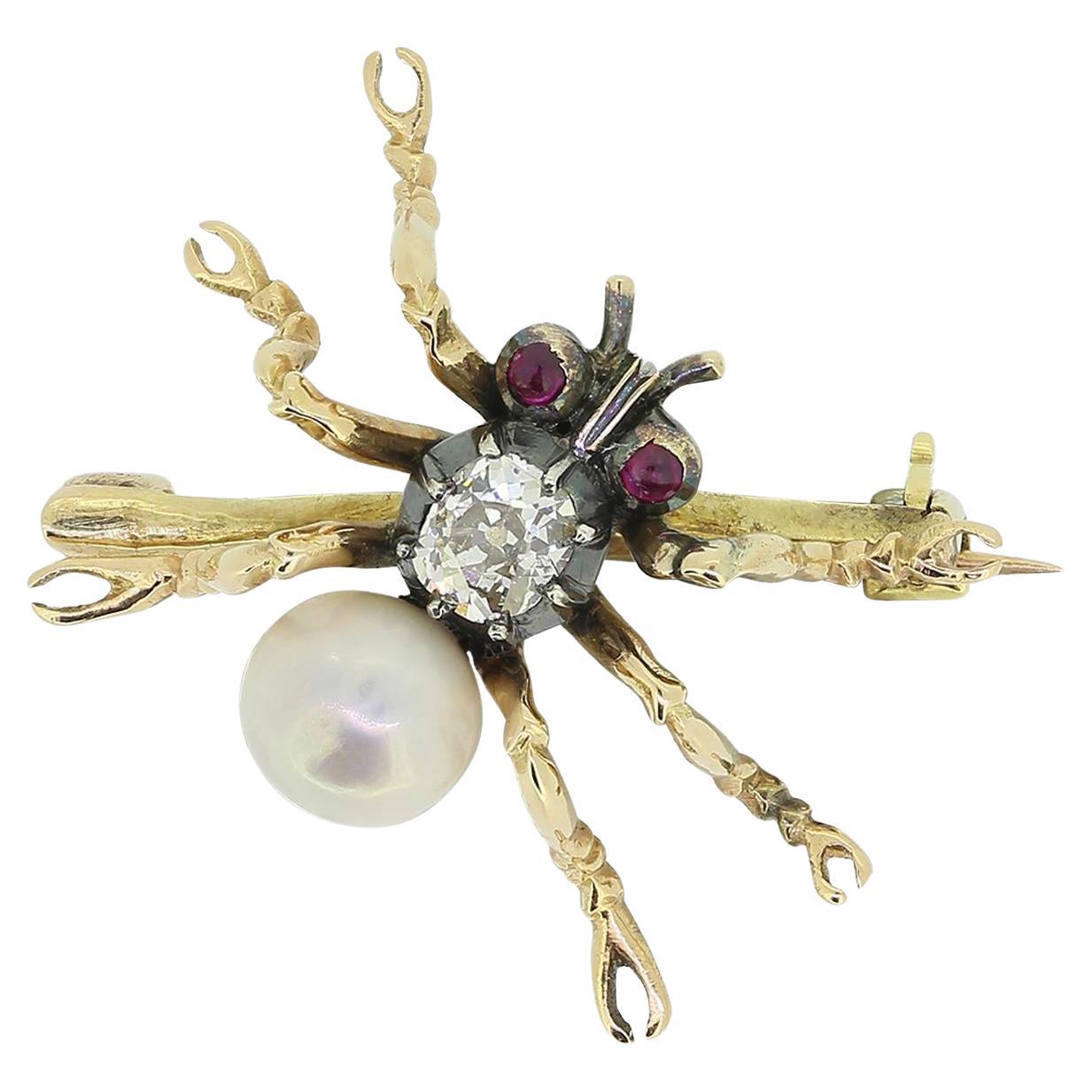 Antique Ruby Pearl and Diamond Bug Brooch For Sale