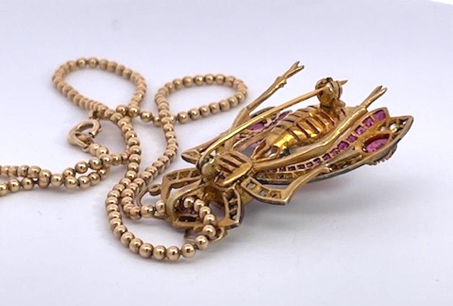 Antiguo Colgante Broche Insecto Rubí Perla Diamante 18 Quilates en venta 6