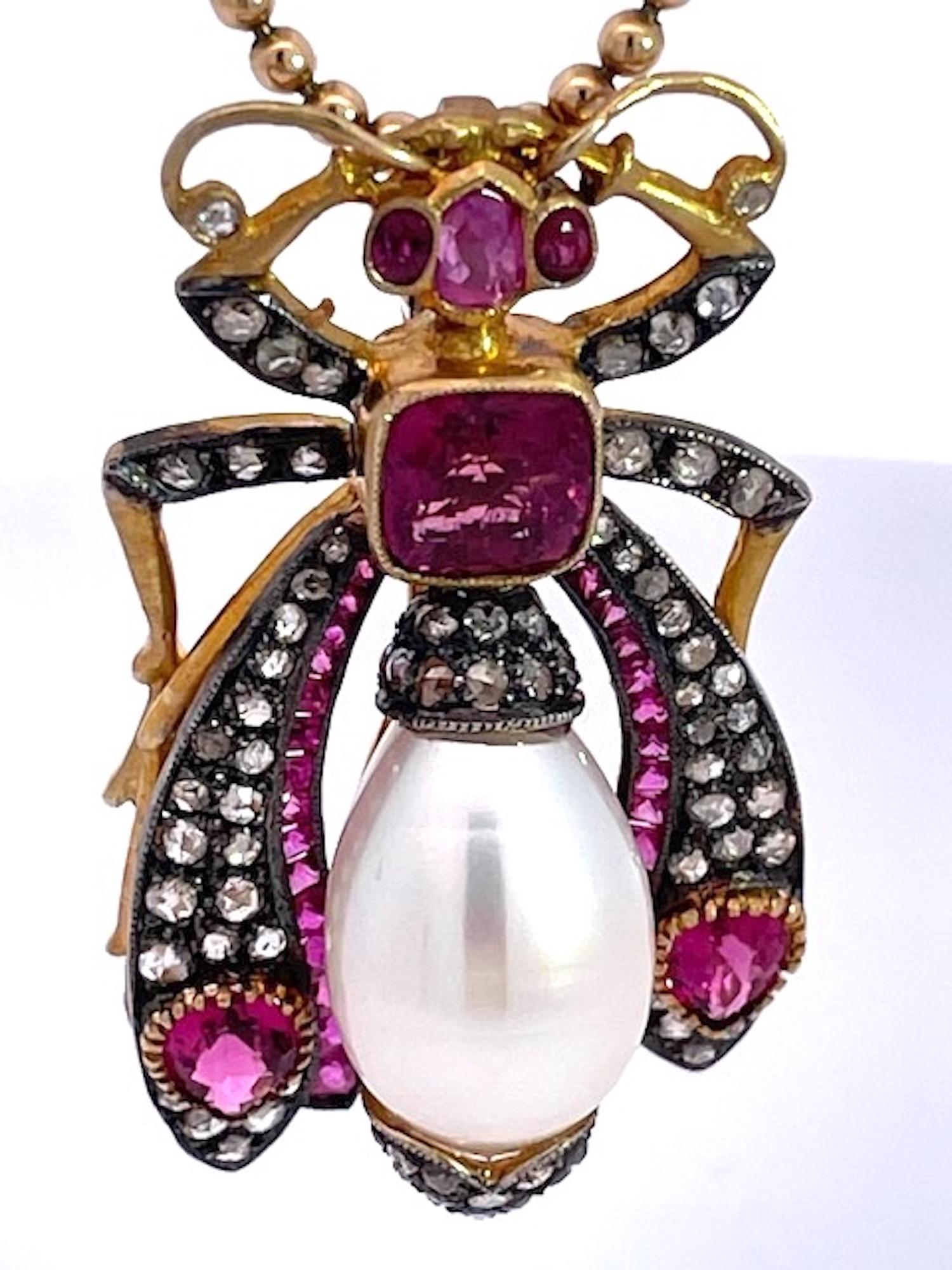 Antiguo Colgante Broche Insecto Rubí Perla Diamante 18 Quilates Eduardiano en venta