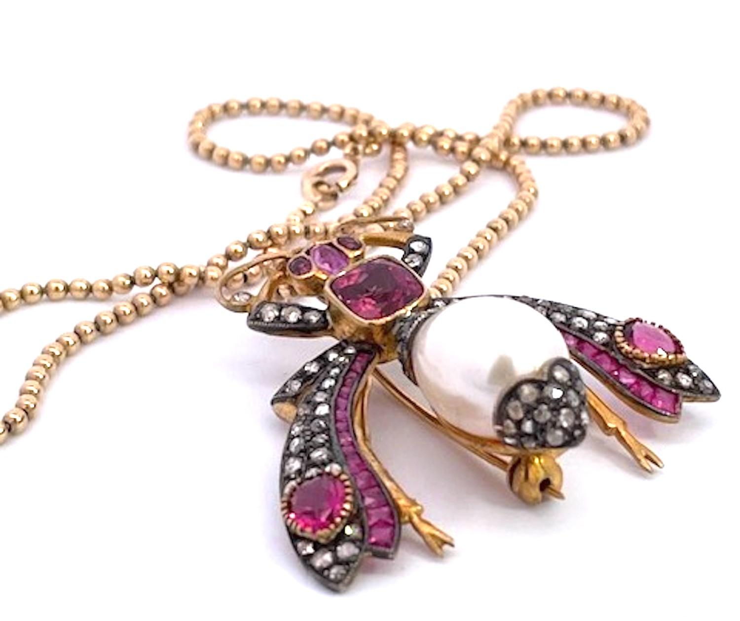 Antiguo Colgante Broche Insecto Rubí Perla Diamante 18 Quilates Talla antigua en venta