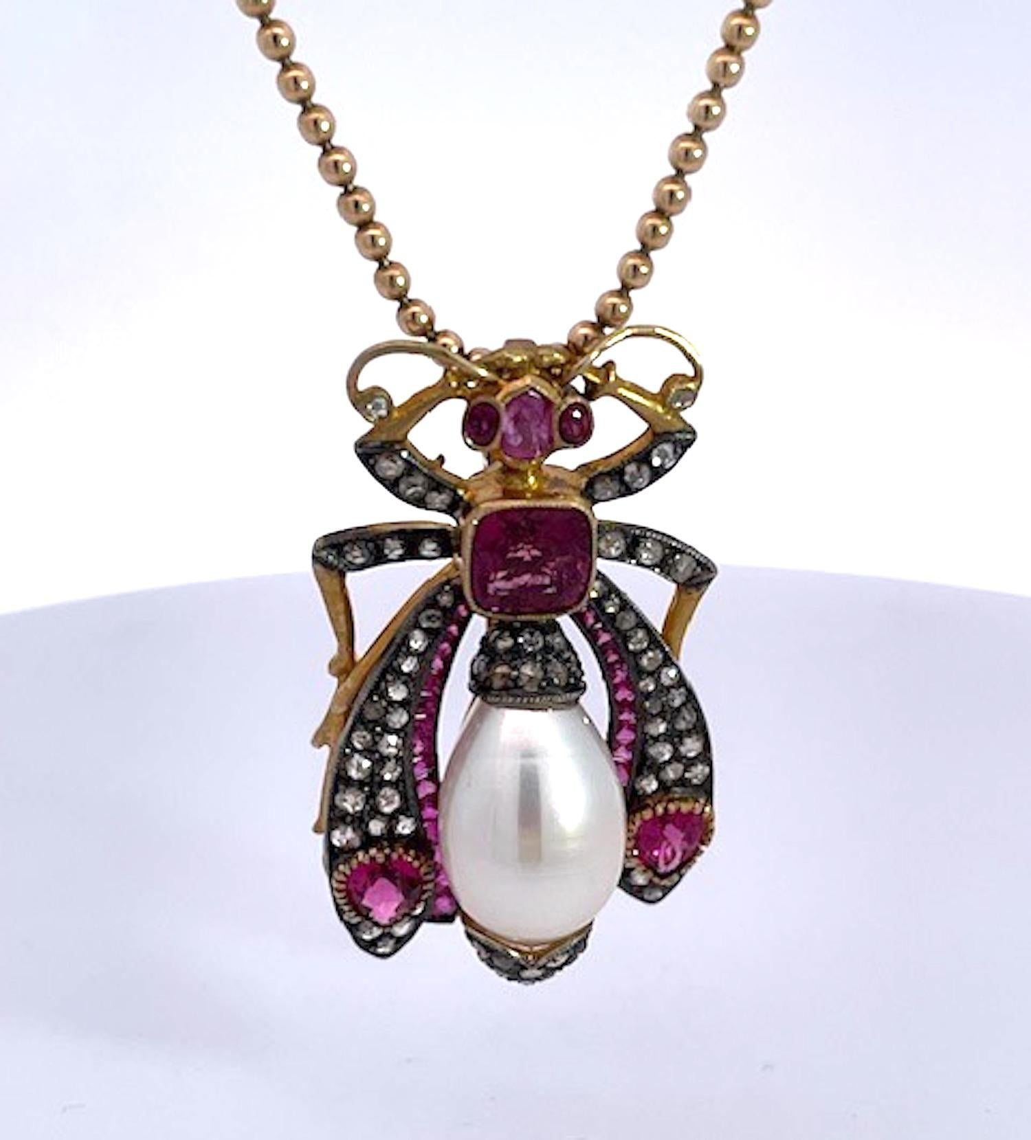 Antiguo Colgante Broche Insecto Rubí Perla Diamante 18 Quilates en venta 4