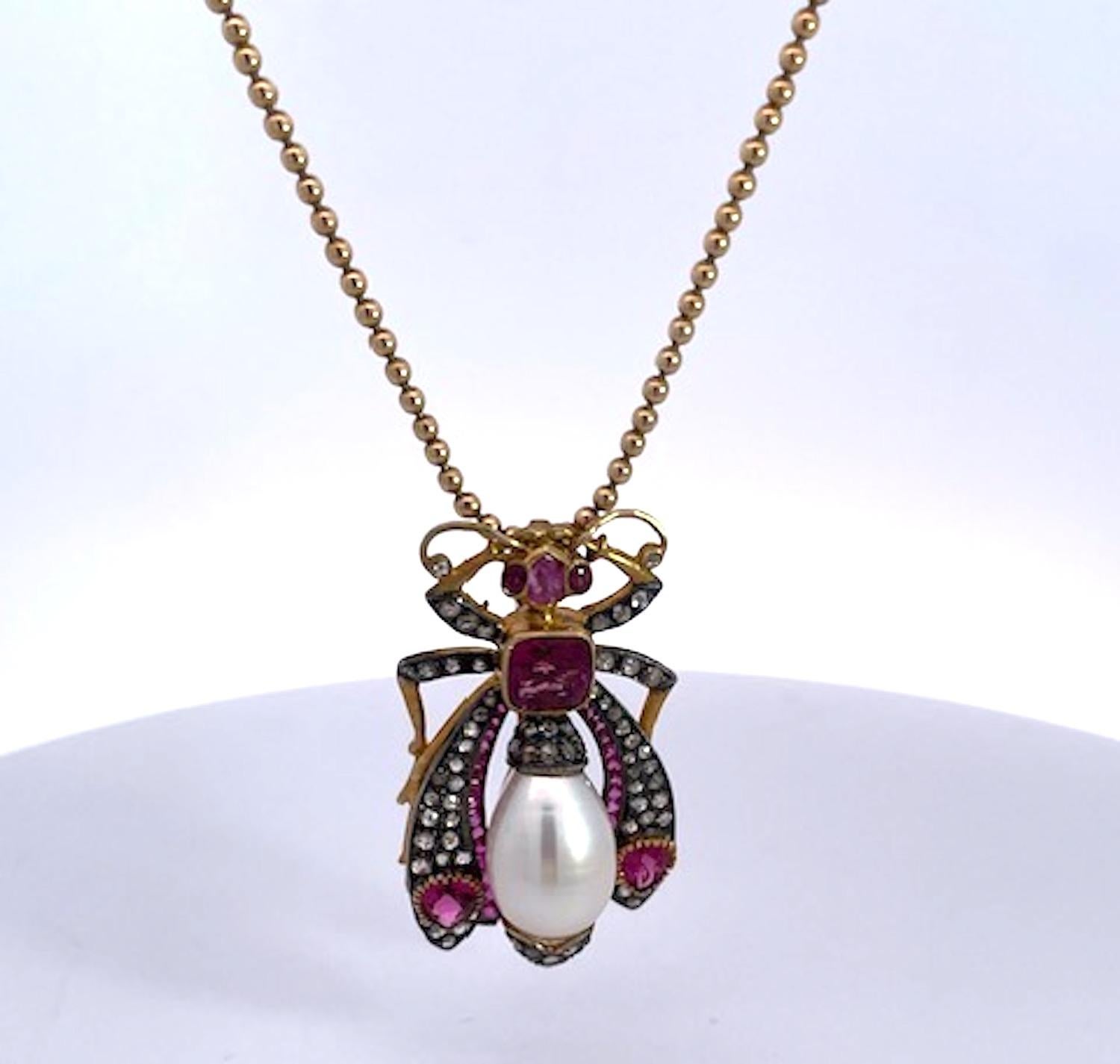 Antiguo Colgante Broche Insecto Rubí Perla Diamante 18 Quilates en venta 5