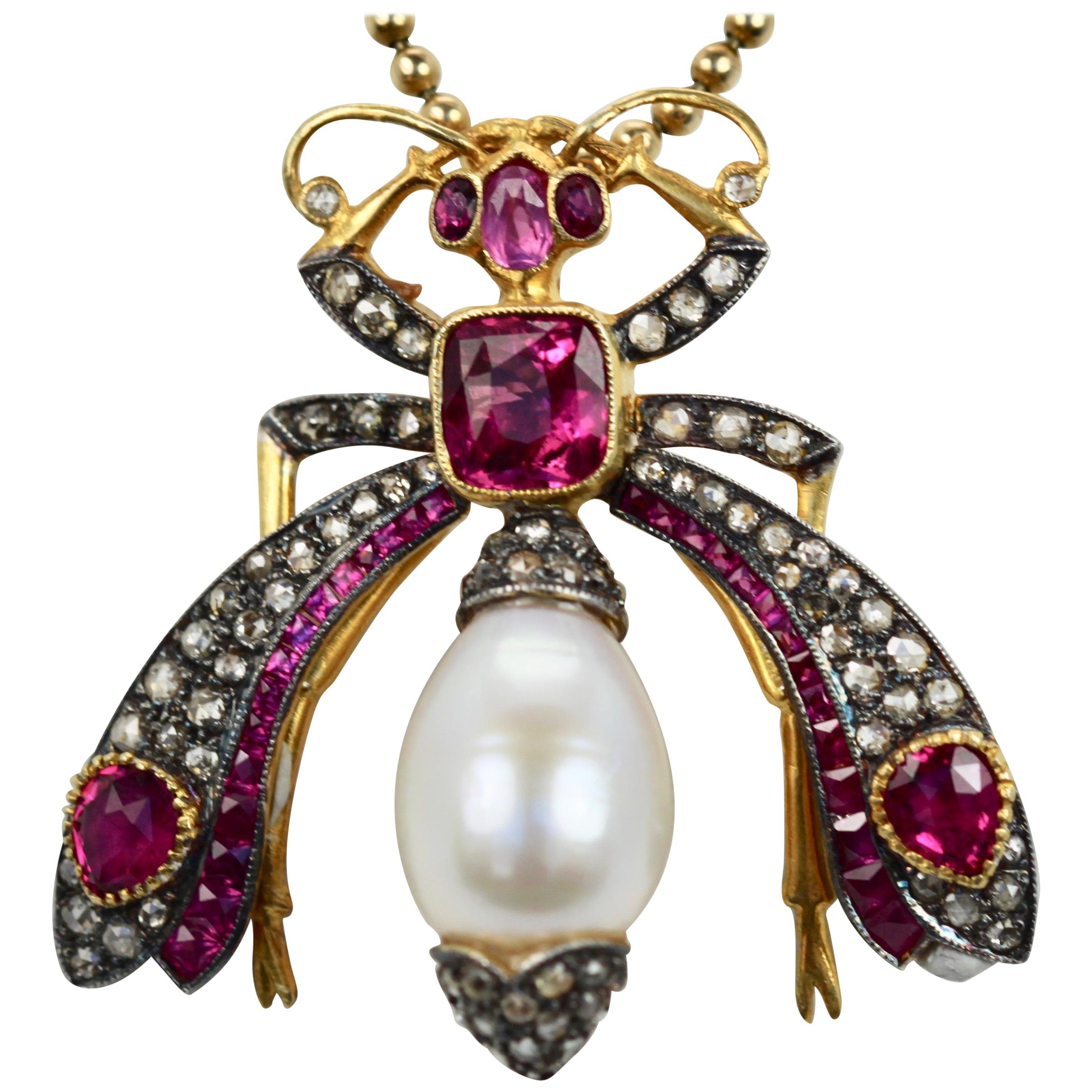Antique Ruby Pearl Diamond Insect Brooch Pendant 18 Karat For Sale