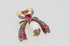 Antique Ruby Pearl Diamond Insect Brooch Pendant 18 Karat