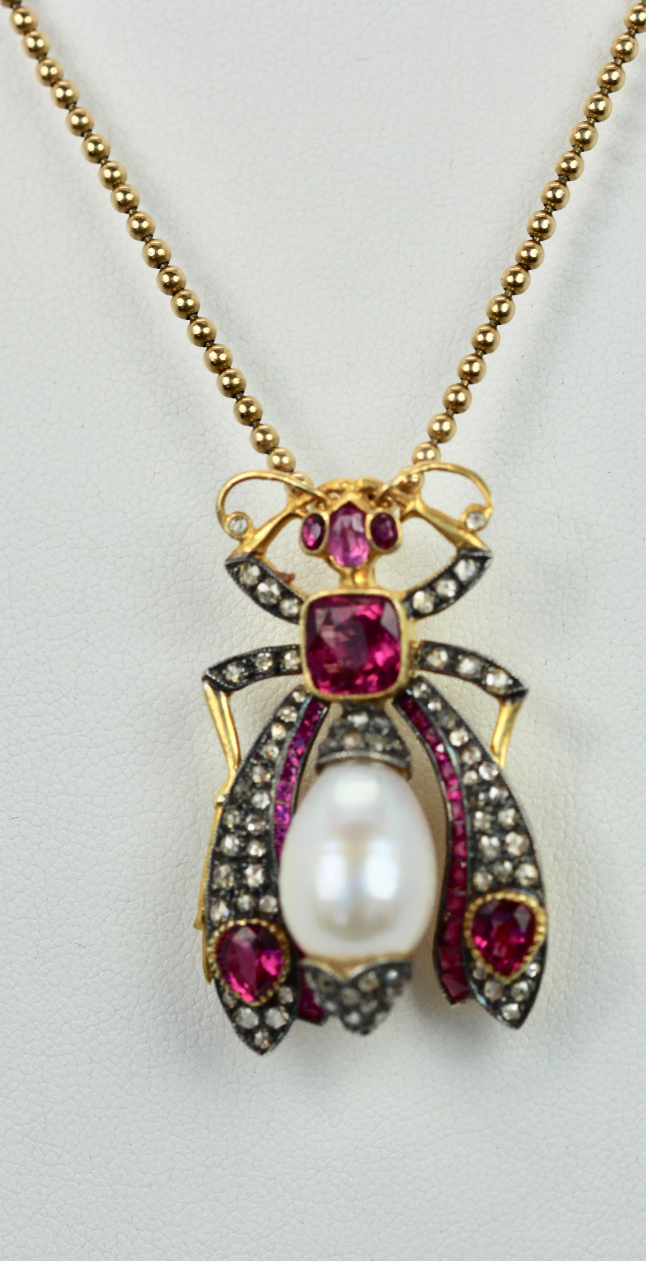 Old Mine Cut Antique Ruby Pearl Diamond Insect Brooch Pendant 18 Karat For Sale