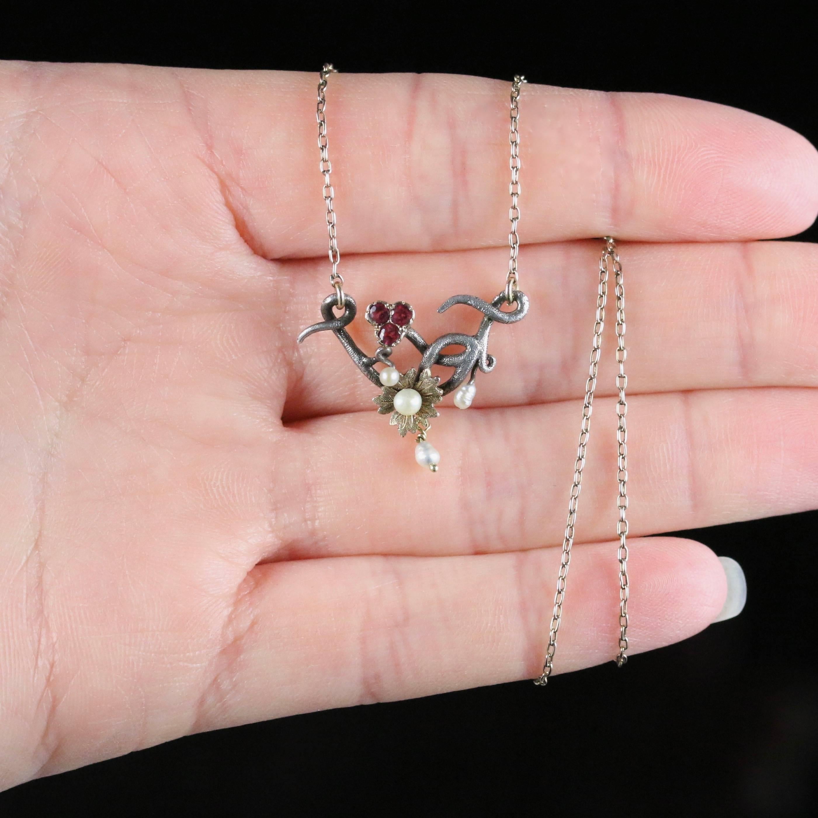 Women's Antique Ruby Pearl Necklace Art Nouveau Silver 9 Carat Gold