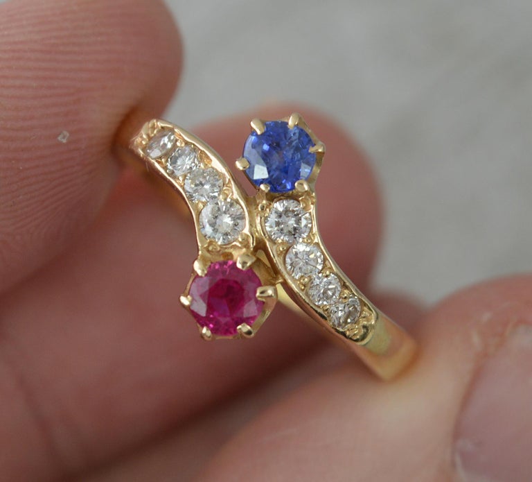 Antique Ruby Sapphire and Diamond 18ct Gold Toi Et Moi Ring In Excellent Condition For Sale In St Helens, GB