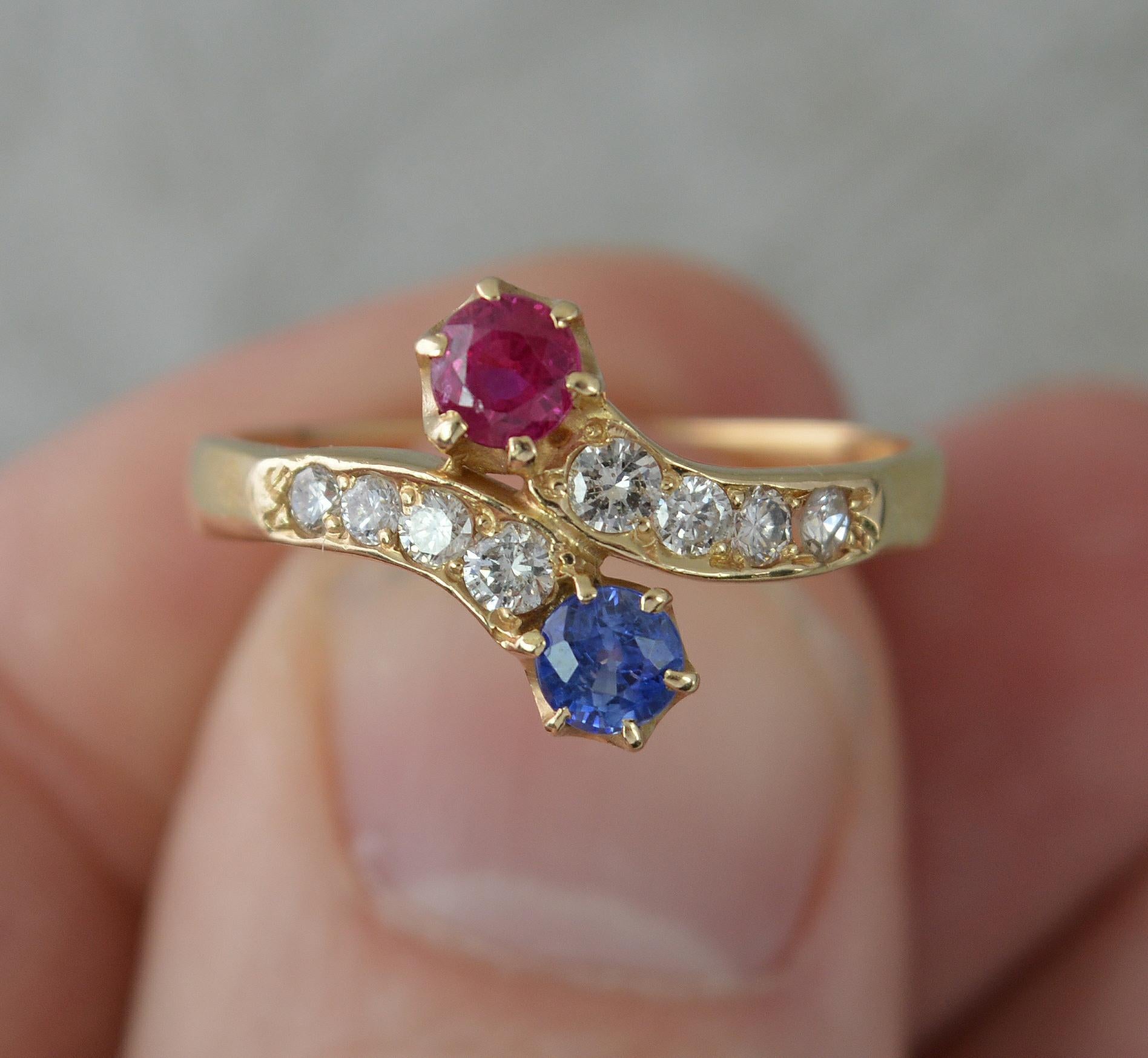 Antique Ruby Sapphire and Diamond 18ct Gold Toi Et Moi Ring In Excellent Condition In St Helens, GB