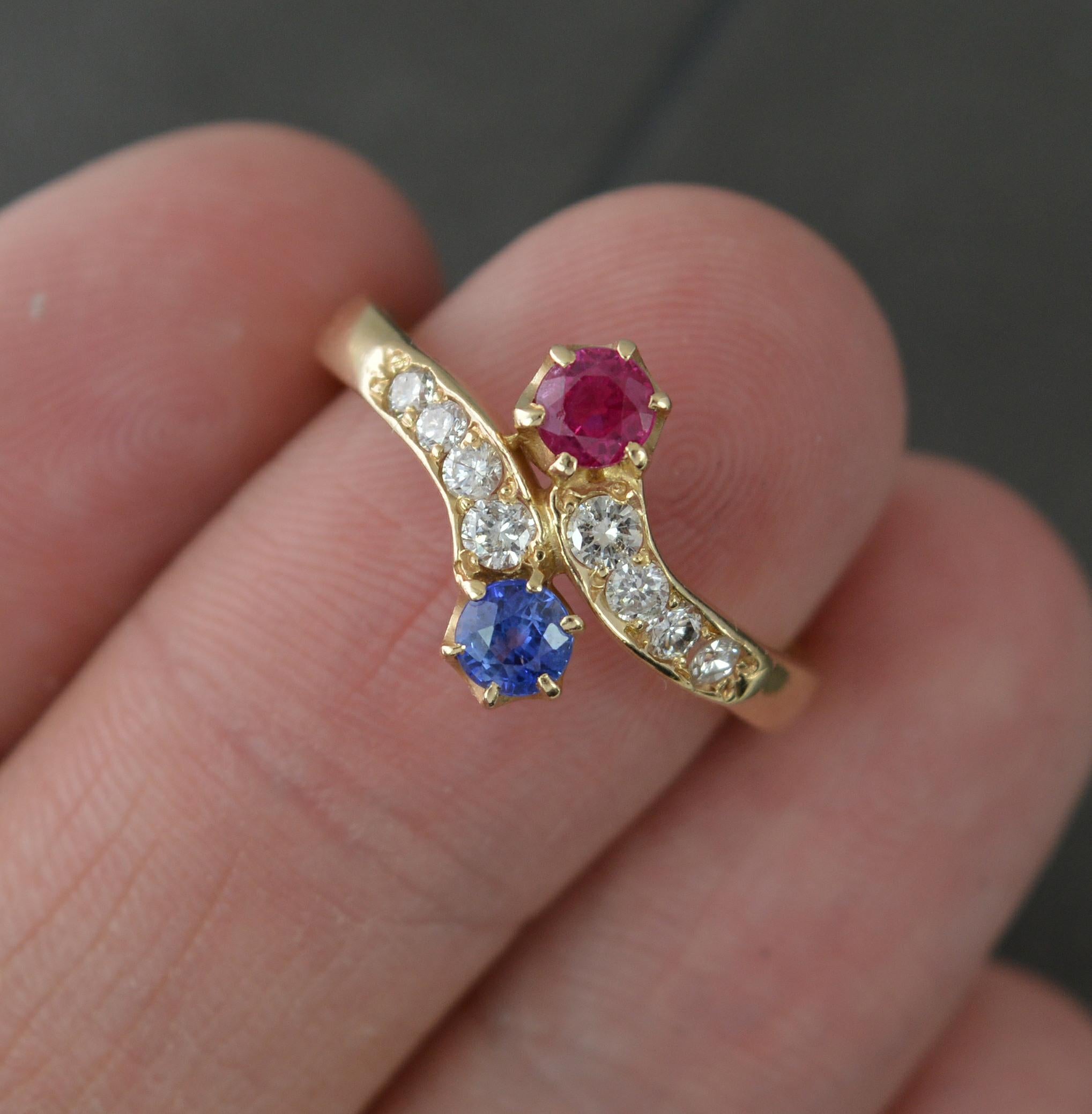 Women's Antique Ruby Sapphire and Diamond 18ct Gold Toi Et Moi Ring