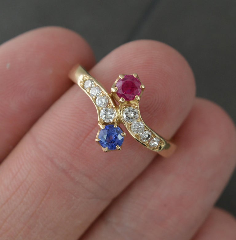 Antique Ruby Sapphire and Diamond 18ct Gold Toi Et Moi Ring For Sale 1