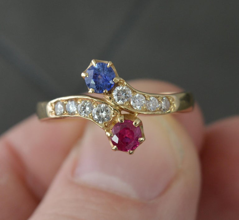 Antique Ruby Sapphire and Diamond 18ct Gold Toi Et Moi Ring For Sale 2