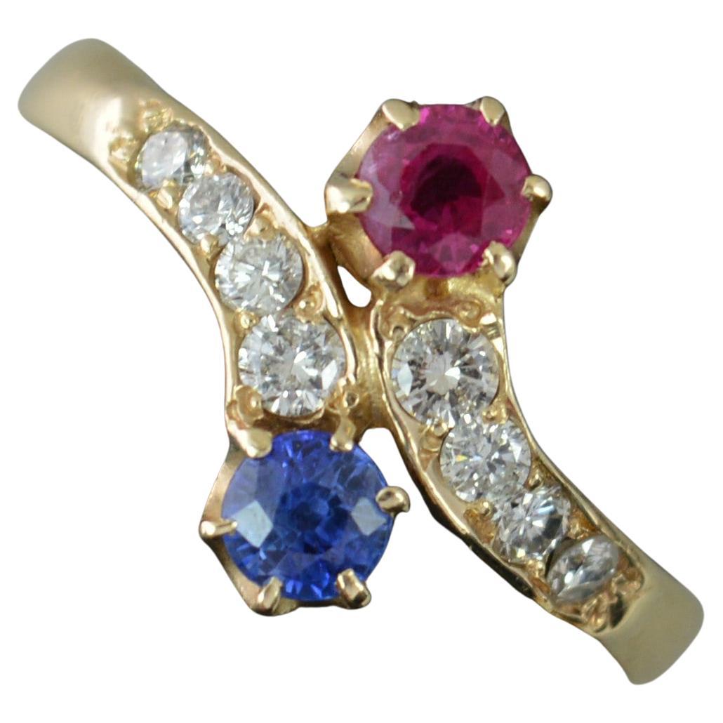 Antique Ruby Sapphire and Diamond 18ct Gold Toi Et Moi Ring