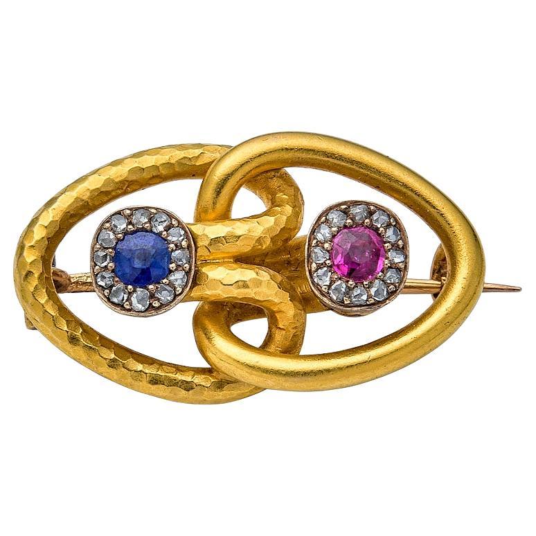 Antique Ruby, Sapphire, and Diamond Brooch, 18k  For Sale