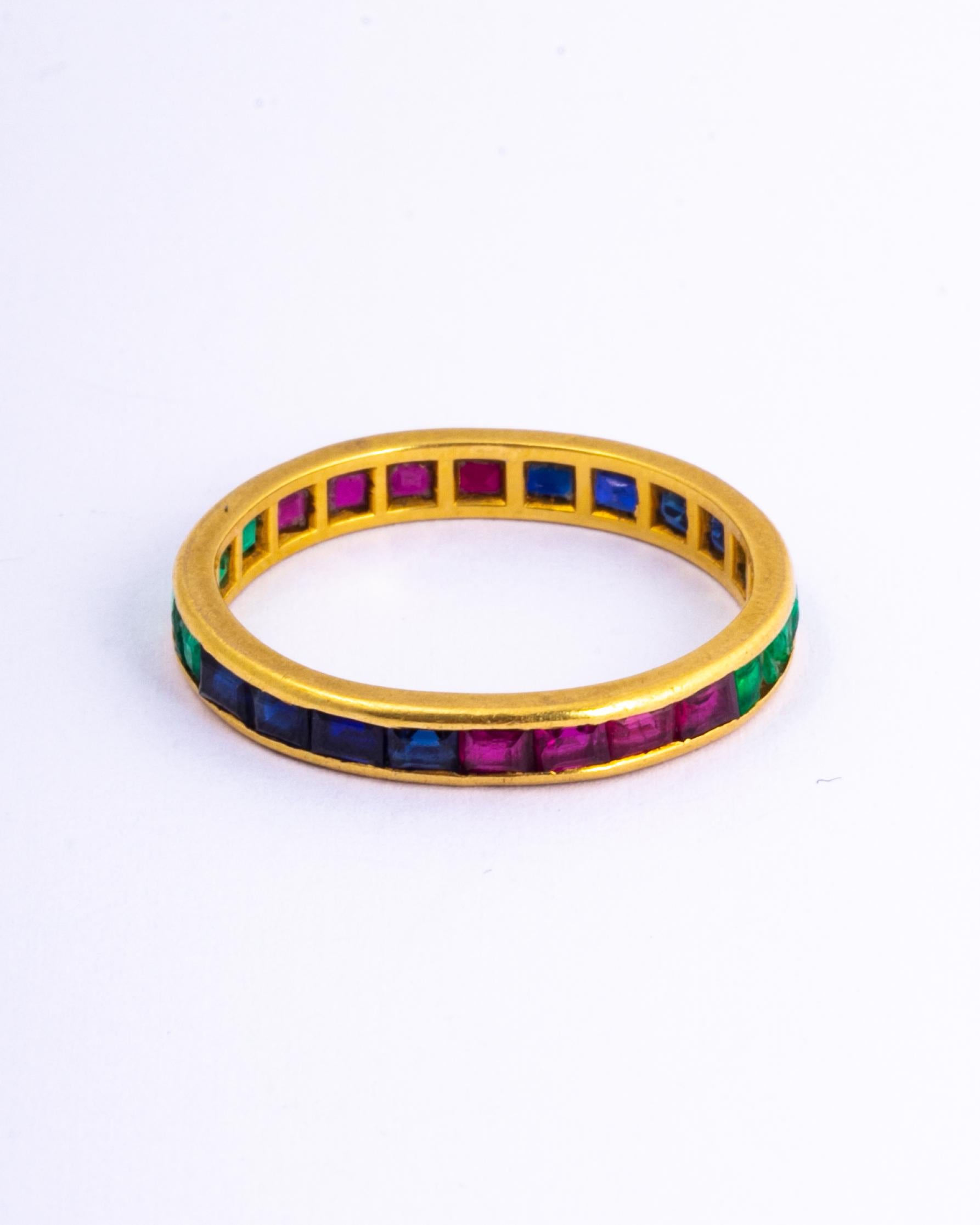 Square Cut Antique Ruby, Sapphire and Emerald 18 Carat Gold Eternity Ring
