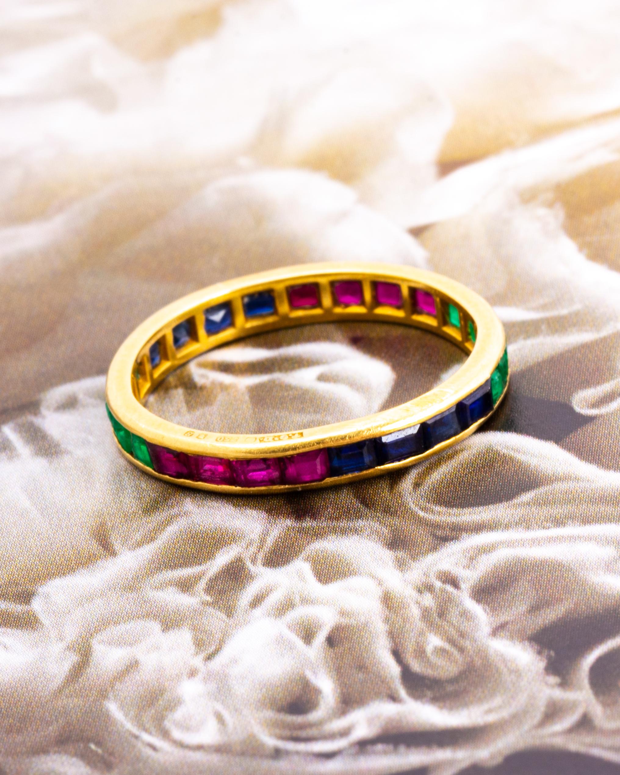 Antique Ruby, Sapphire and Emerald 18 Carat Gold Eternity Ring In Fair Condition In Chipping Campden, GB