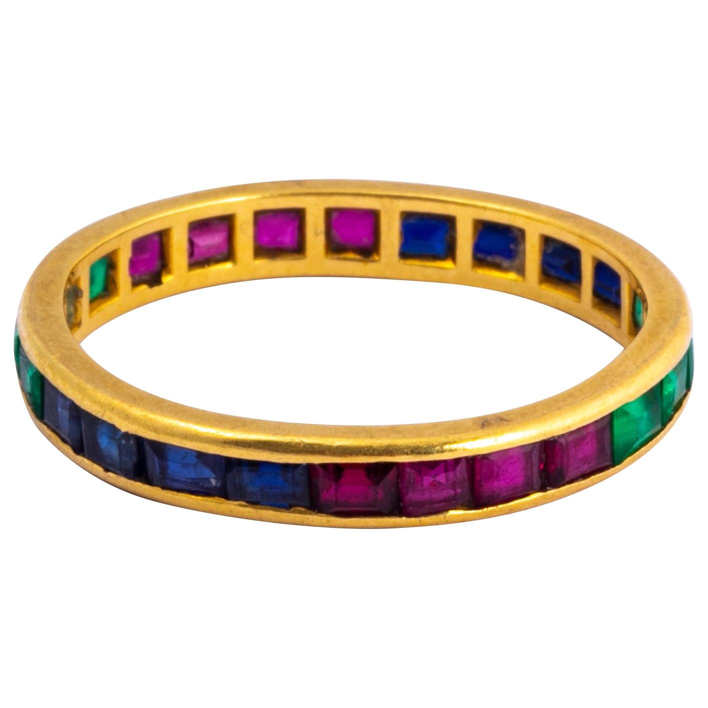Antique Ruby, Sapphire and Emerald 18 Carat Gold Eternity Ring