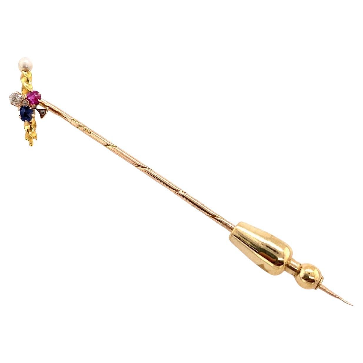 Antique Ruby, Sapphire, Pearl & Diamond Stick Pin in 15ct Yellow Gold For Sale
