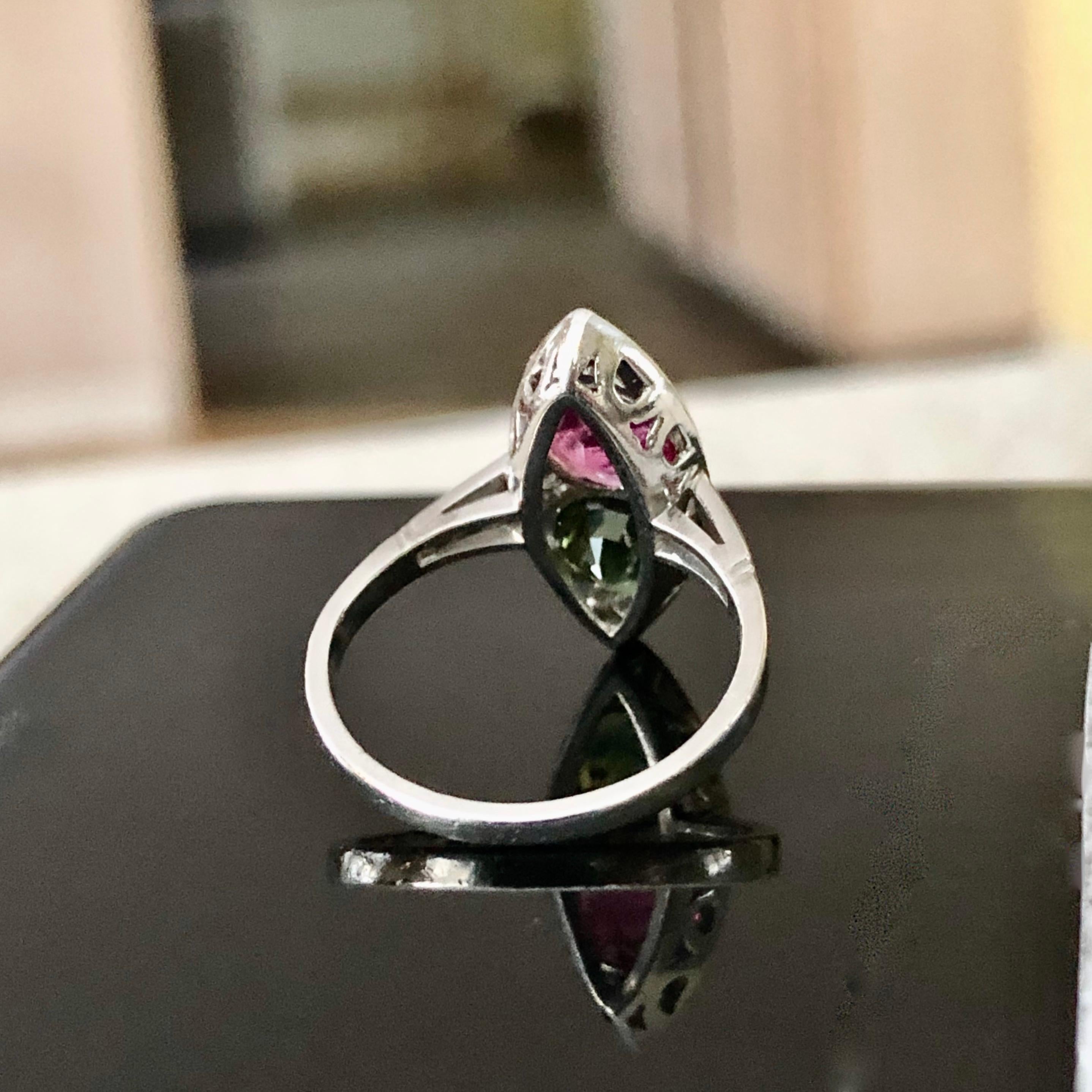 Ruby and Sapphire Twin Platinum Ring Navette Antique  For Sale 5