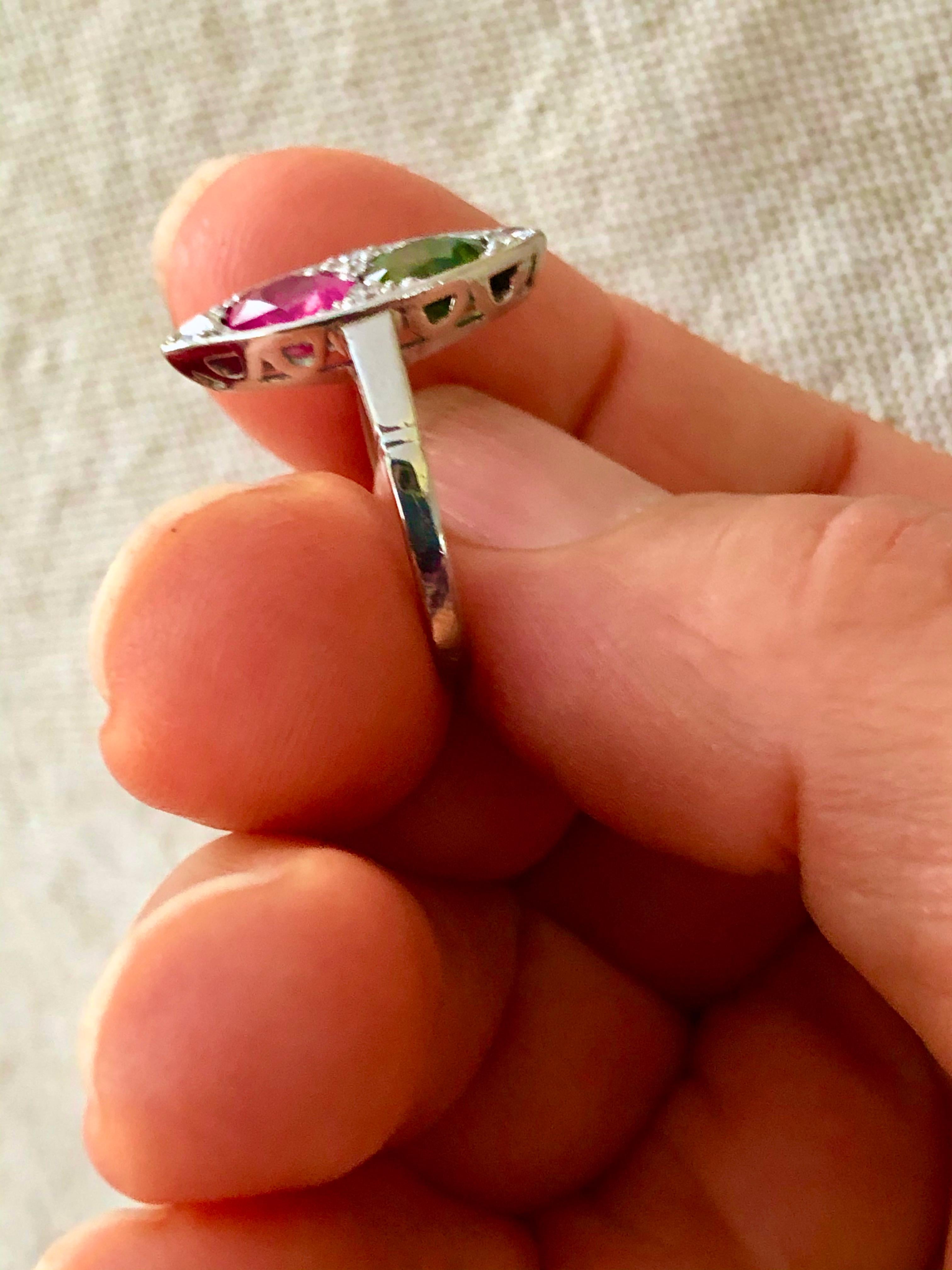 Round Cut Ruby and Sapphire Twin Platinum Ring Navette Antique  For Sale