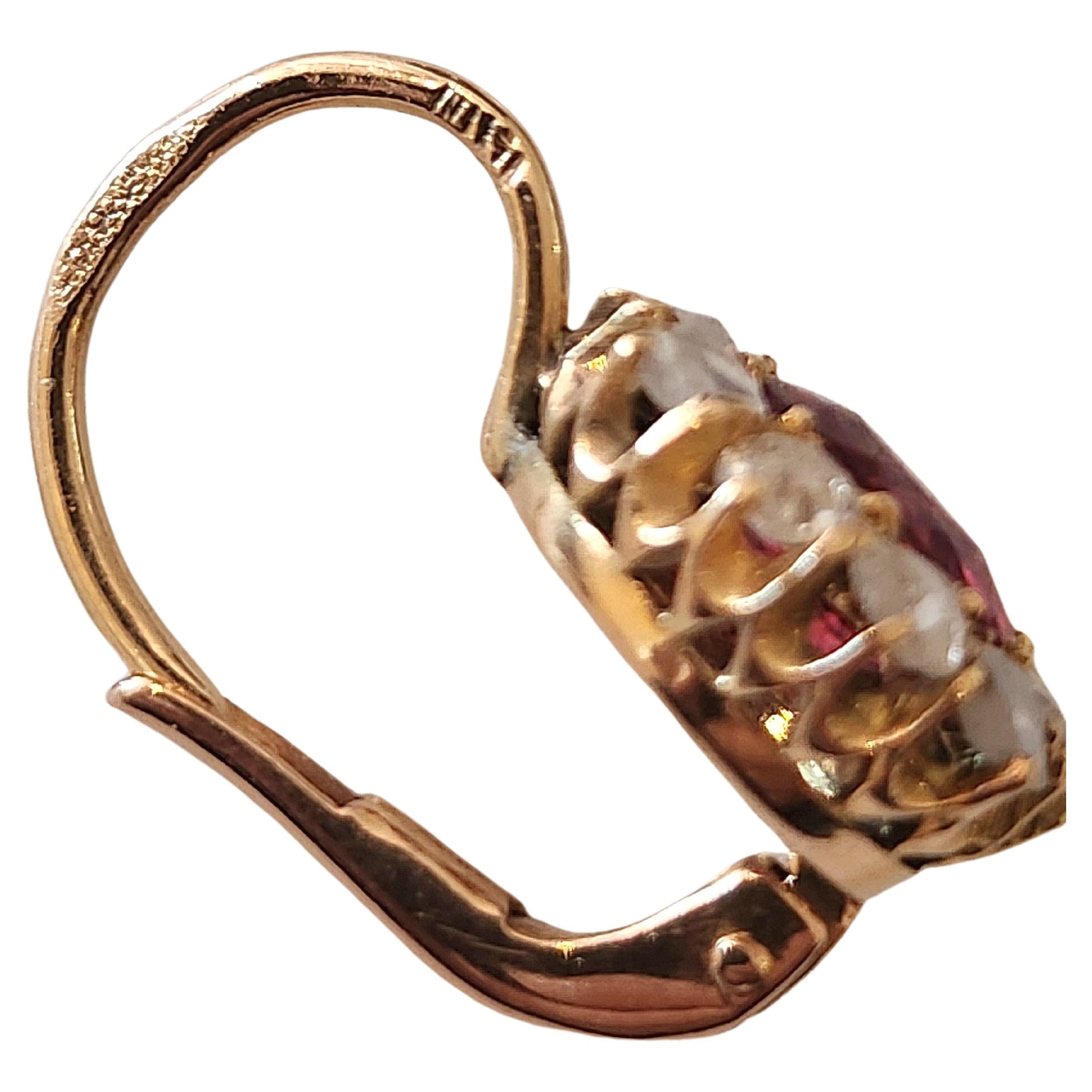 Women's Antique Ruby Spinel Diamond Russian Gold Earrings For Sale