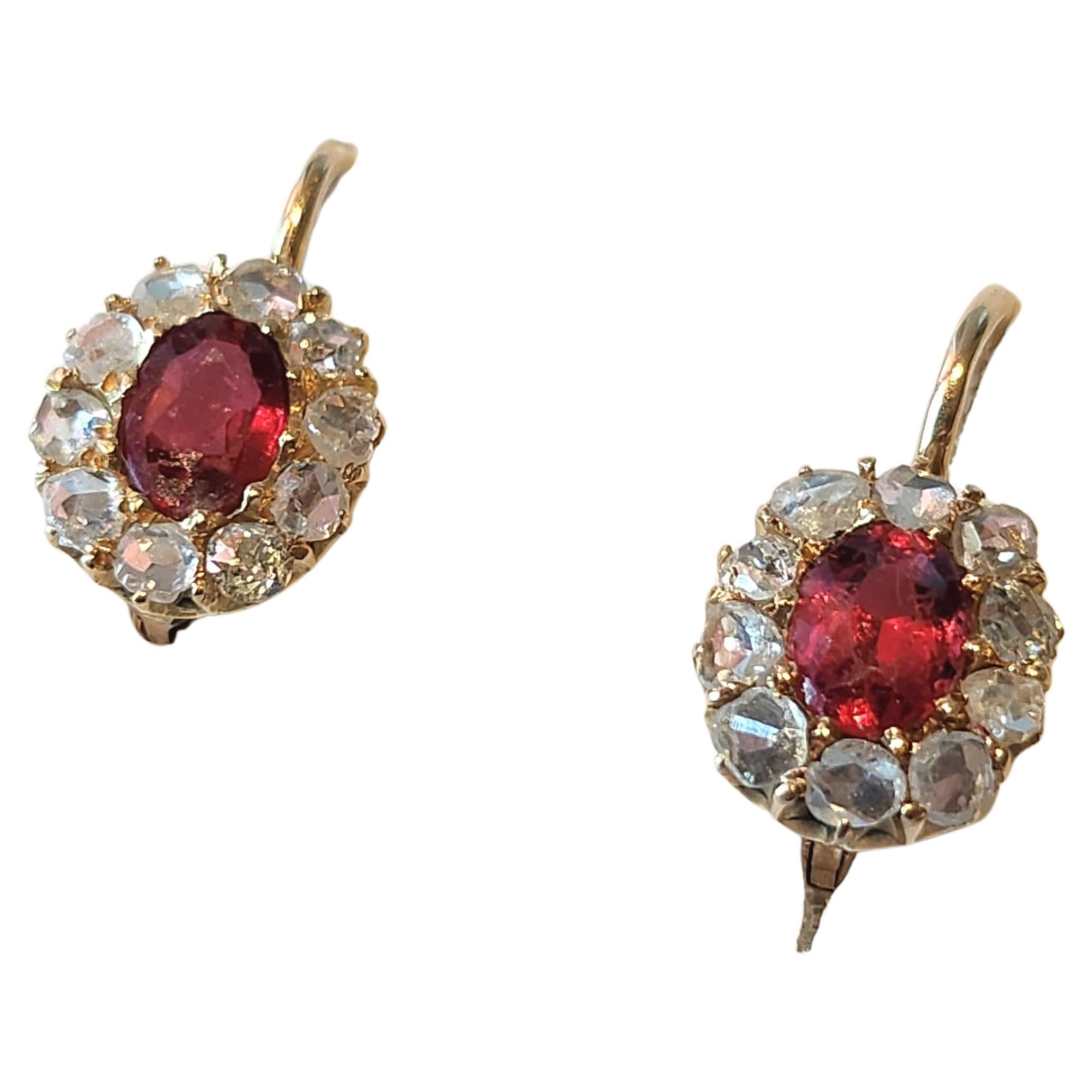 Antique Ruby Spinel Diamond Russian Gold Earrings For Sale 1