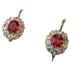 Antique Ruby Spinel Diamond Russian Gold Earrings
