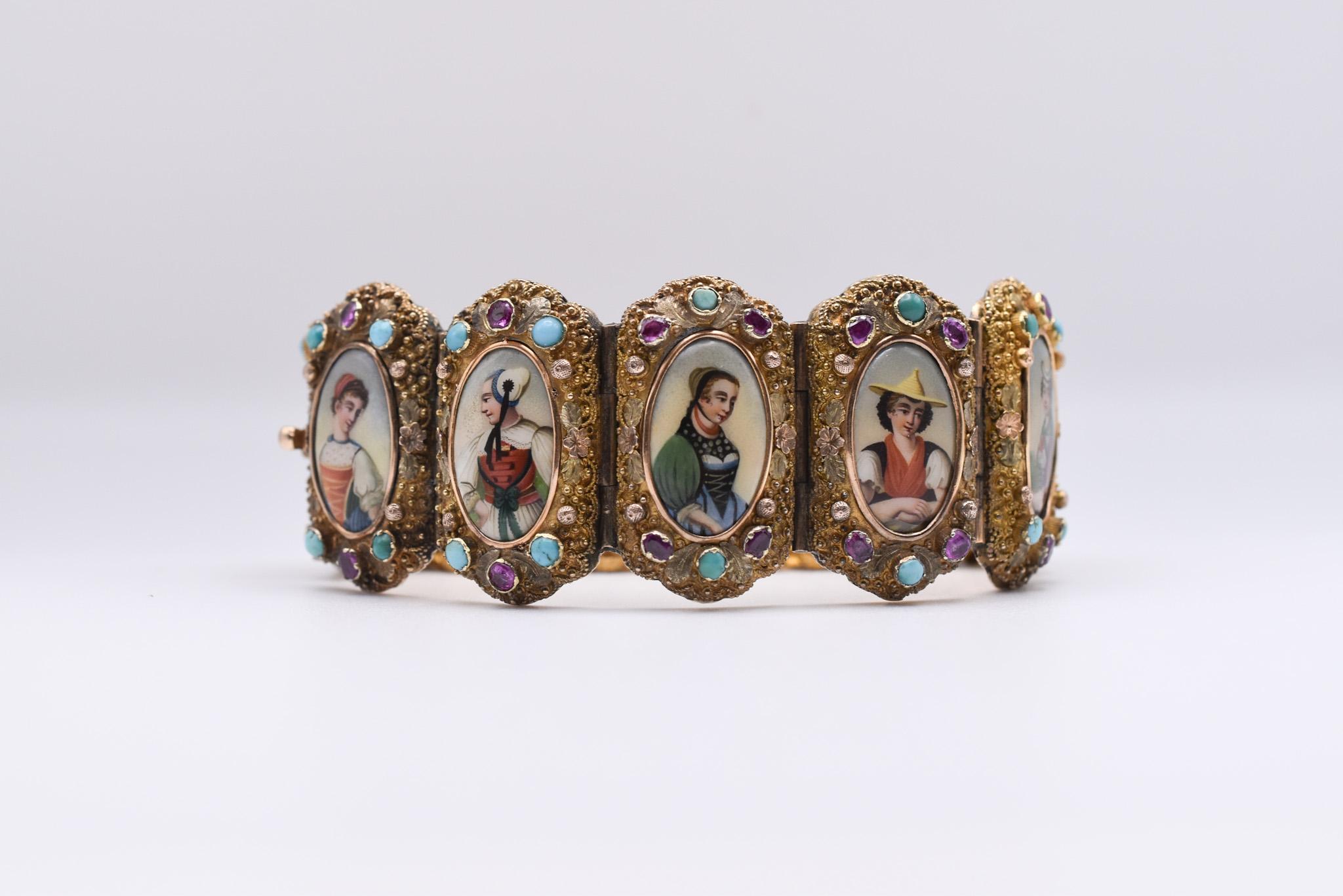 Ein exquisites antikes Armband aus 18-karätigem Gelbgold mit Rubin-, Türkis- und Porzellaneinsätzen, die die Schweizer Kantone darstellen. Hergestellt in der Schweiz, um 1890.