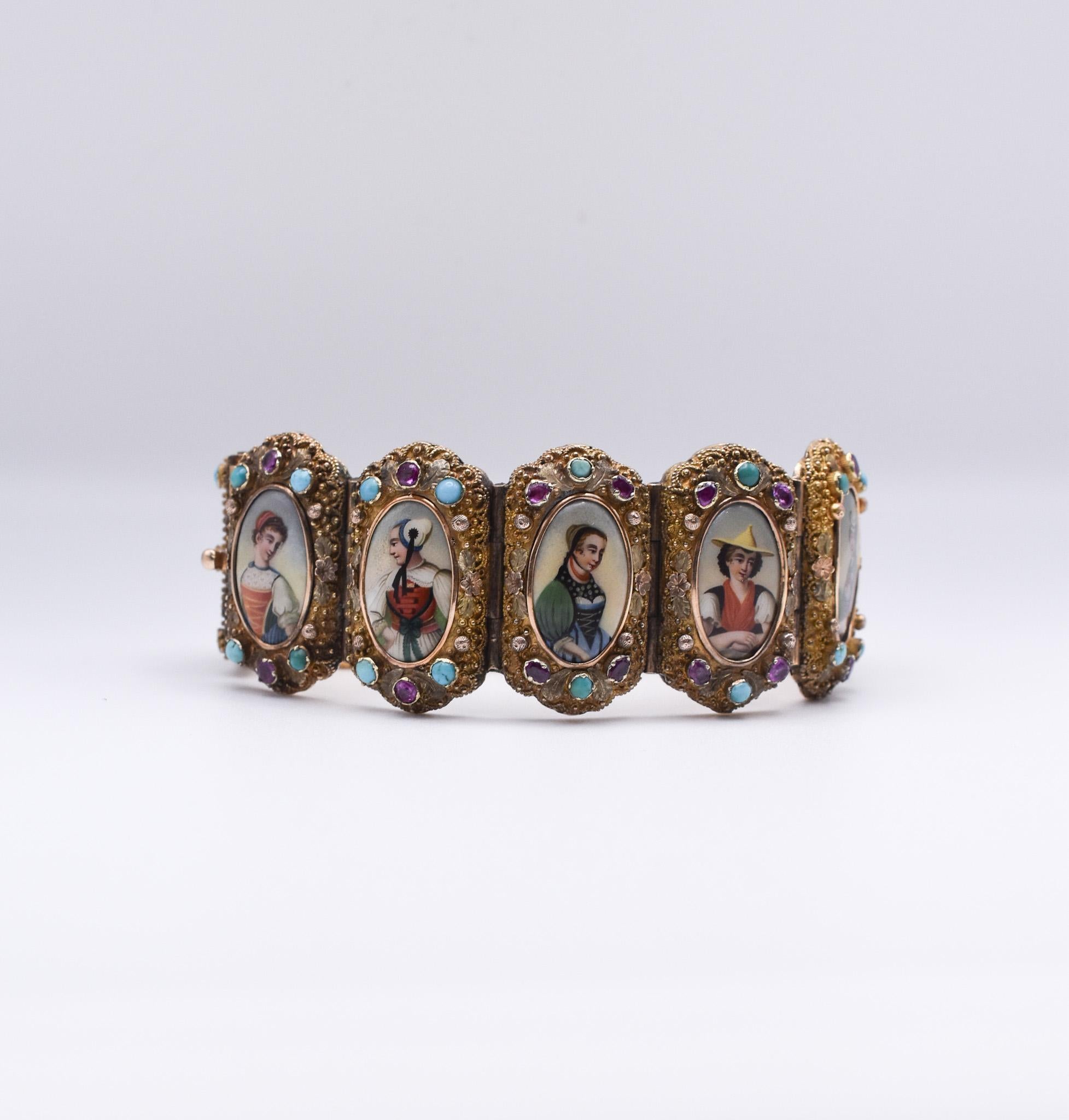 Antikes Armband aus 18 Karat Gelbgold mit Rubin, Türkis und Porzellan im Angebot 3