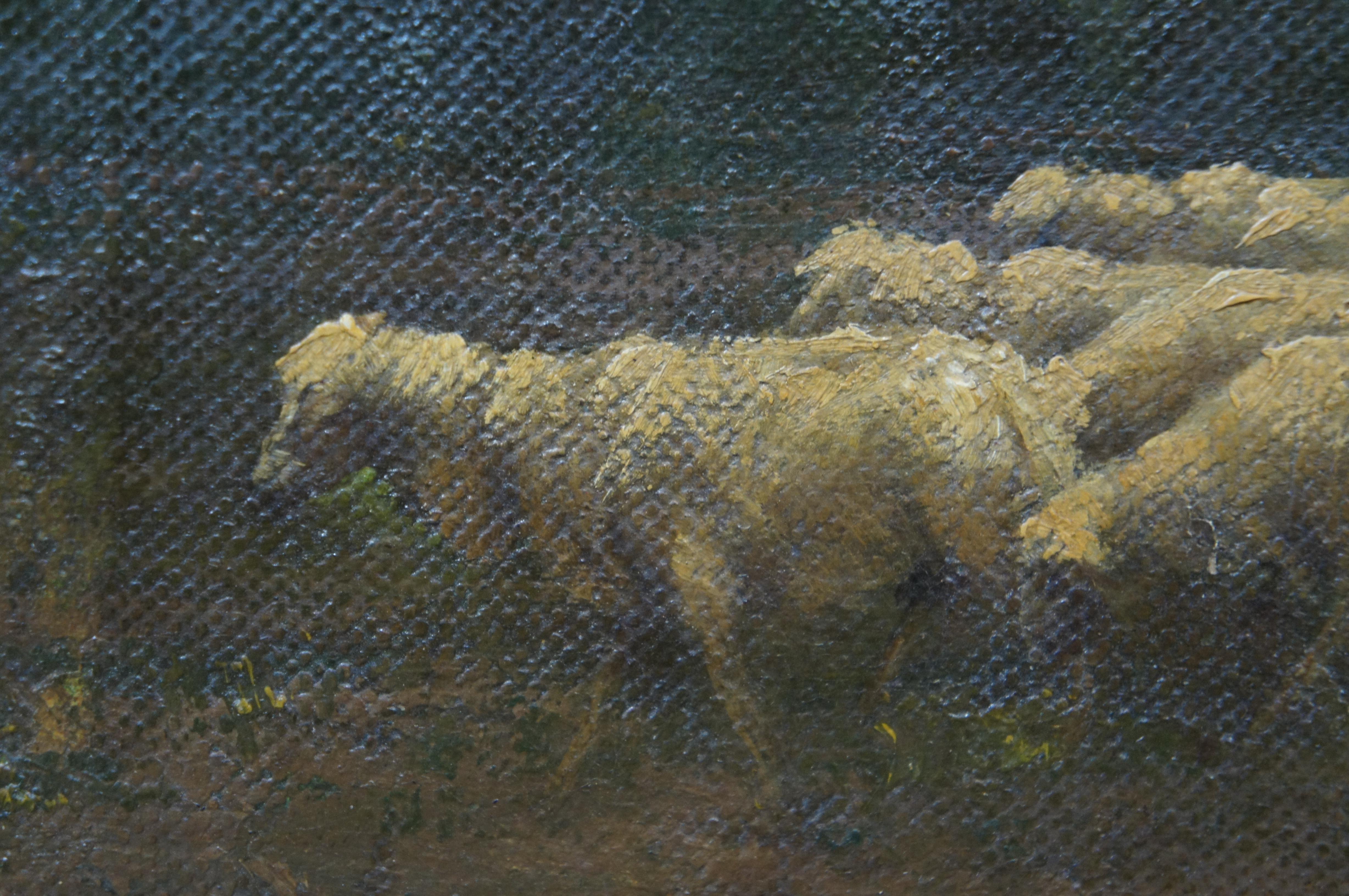 Antique Rudolf Rezso Karpaty Shepherd Flock of Sheep Landscape Oil Painting 34