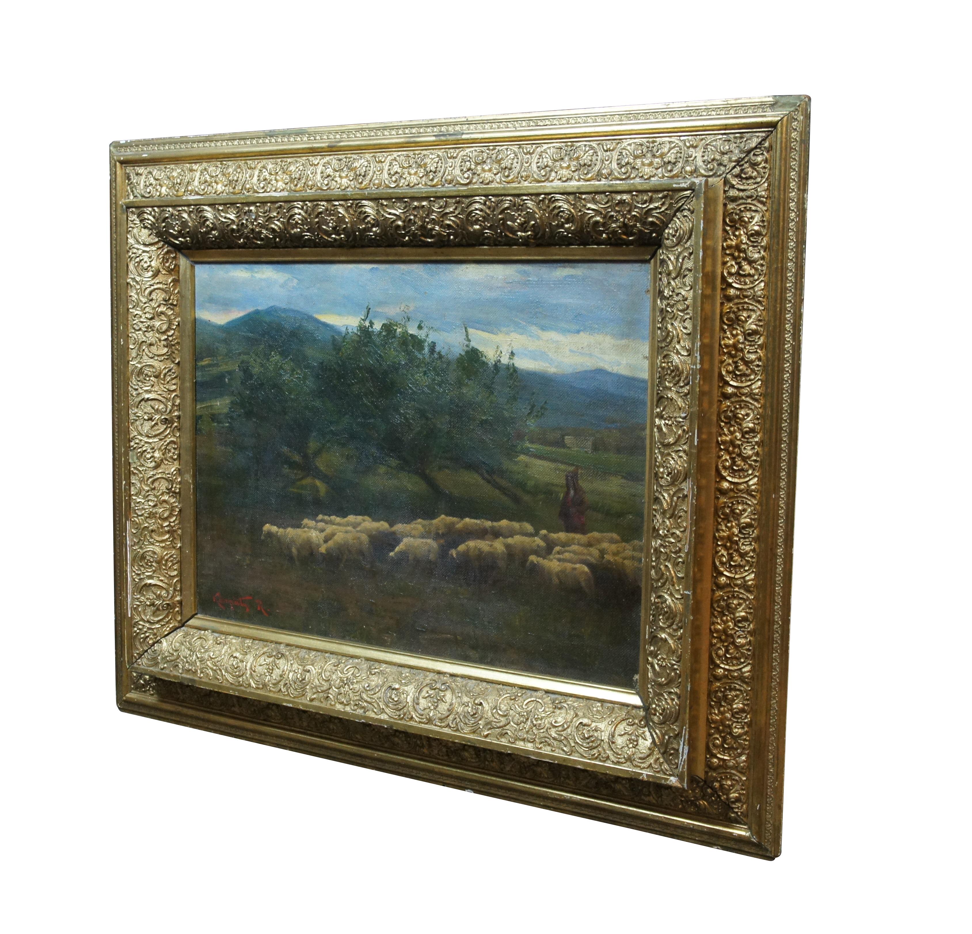 Late 19th-early 20th century oil on canvas painting by Rezső Kárpáty. Shows a picturesque mountain landscape, focused on a hooded shepherd and his flock, walking in front of a stand of trees. Double layered giltwood frame heavily carved with low