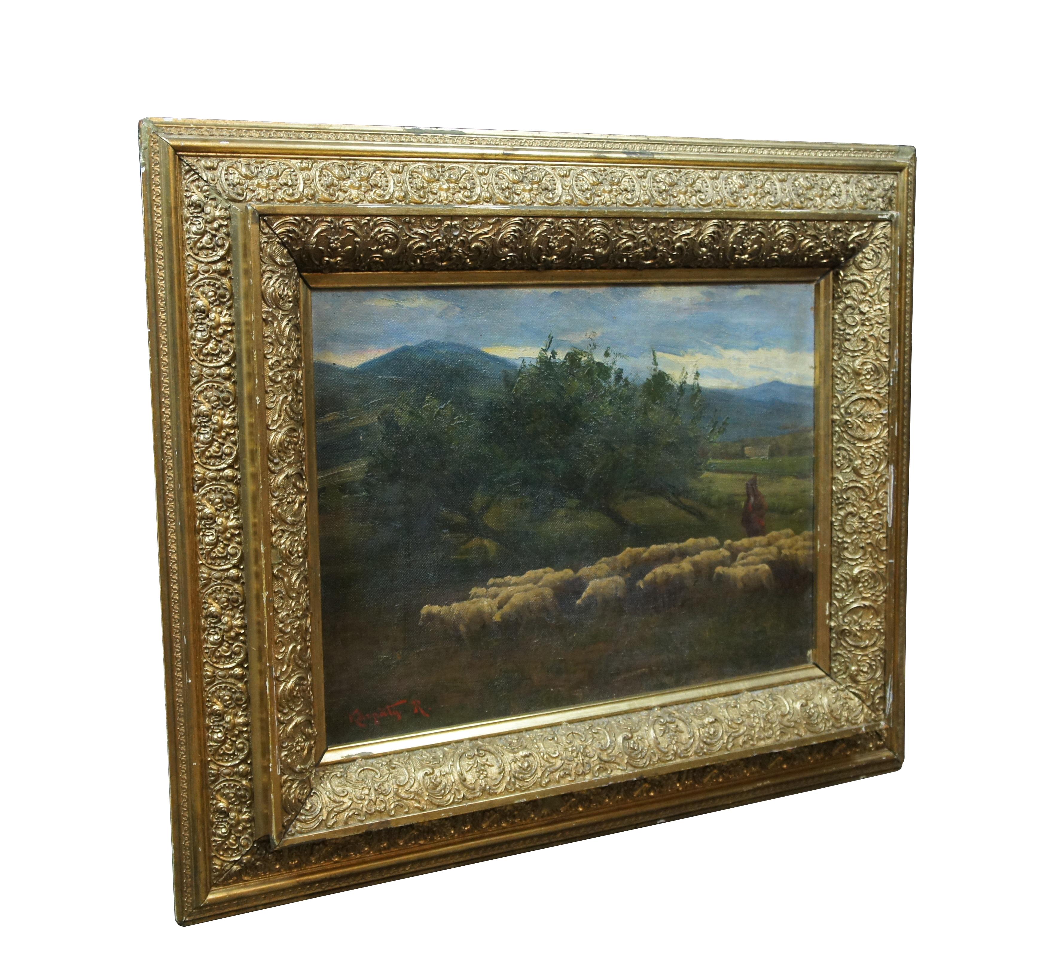 Antique Rudolf Rezso Karpaty Shepherd Flock of Sheep Landscape Oil Painting 34