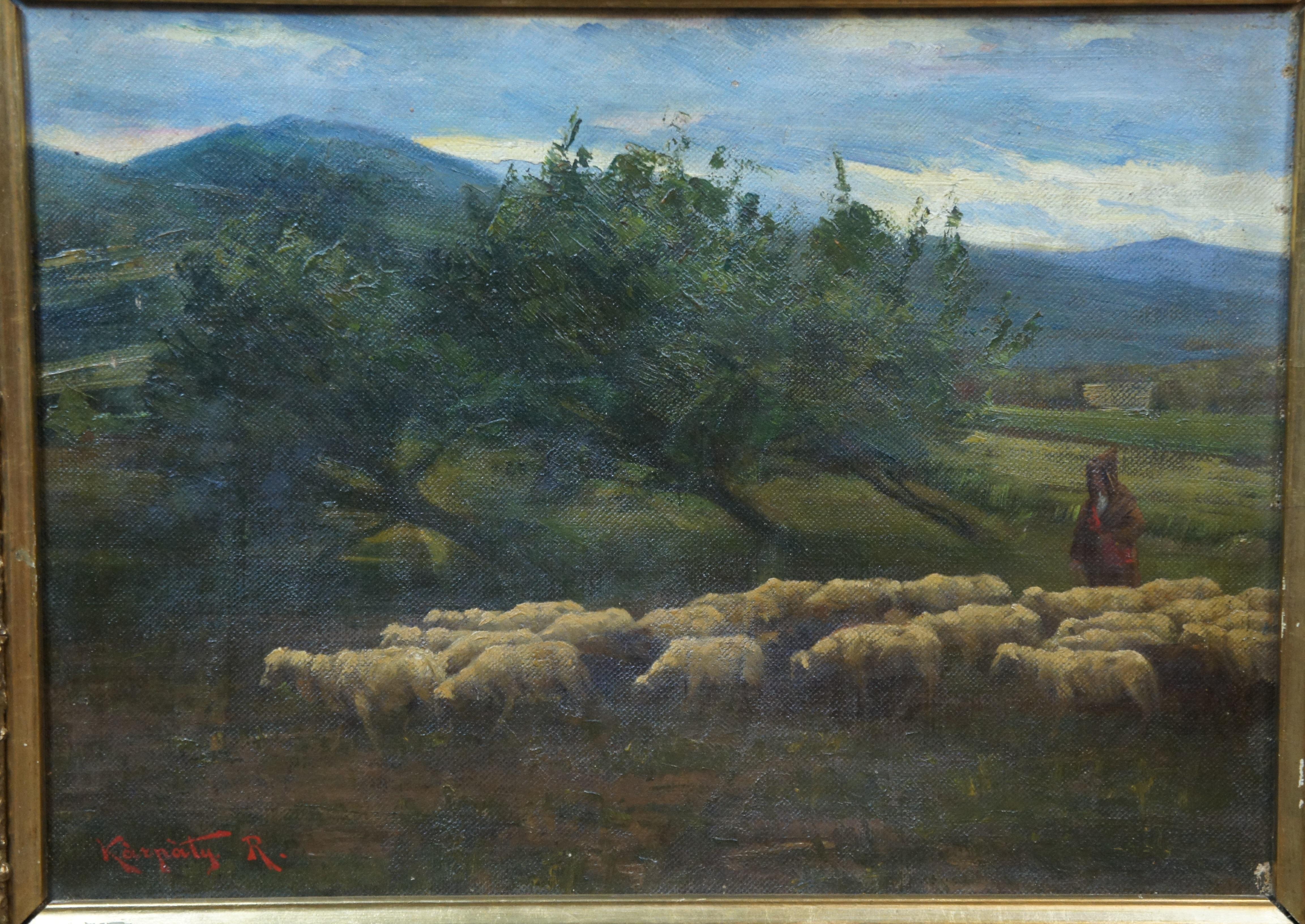 Antike Rudolf Rezso Karpaty Hirte flock of Sheep Landschaft Ölgemälde 34