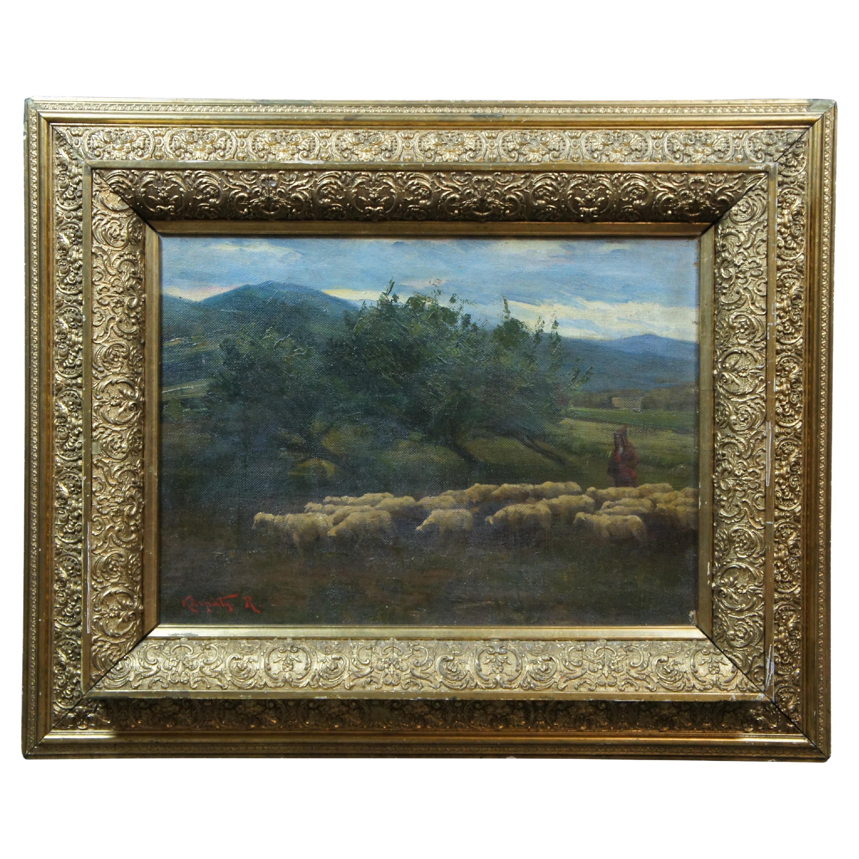Ancienne peinture à l'huile de Rudolf Rezso Karpaty représentant une horloge de moutons sur un paysage de 34 pouces