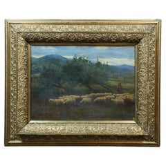 Used Rudolf Rezso Karpaty Shepherd Flock of Sheep Landscape Oil Painting 34"