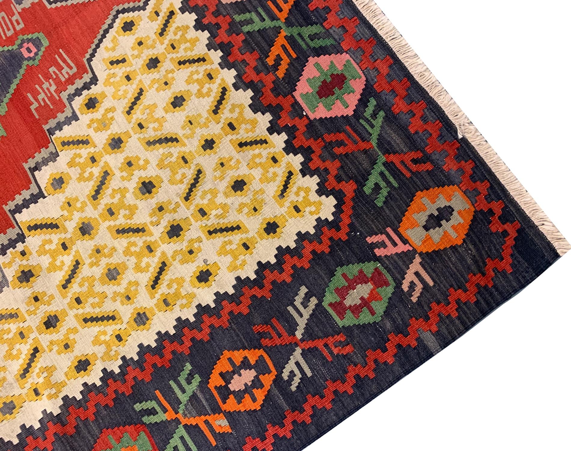Vegetable Dyed Antique Rug Caucasian Karabagh Kilim, Yellow Wool Floral Kelim For Sale