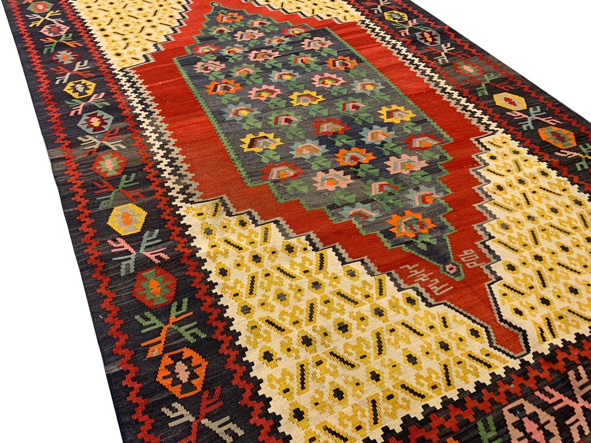 Antique Rug Caucasian Karabagh Kilim, Yellow Wool Floral Kelim In Excellent Condition For Sale In Wembley, GB