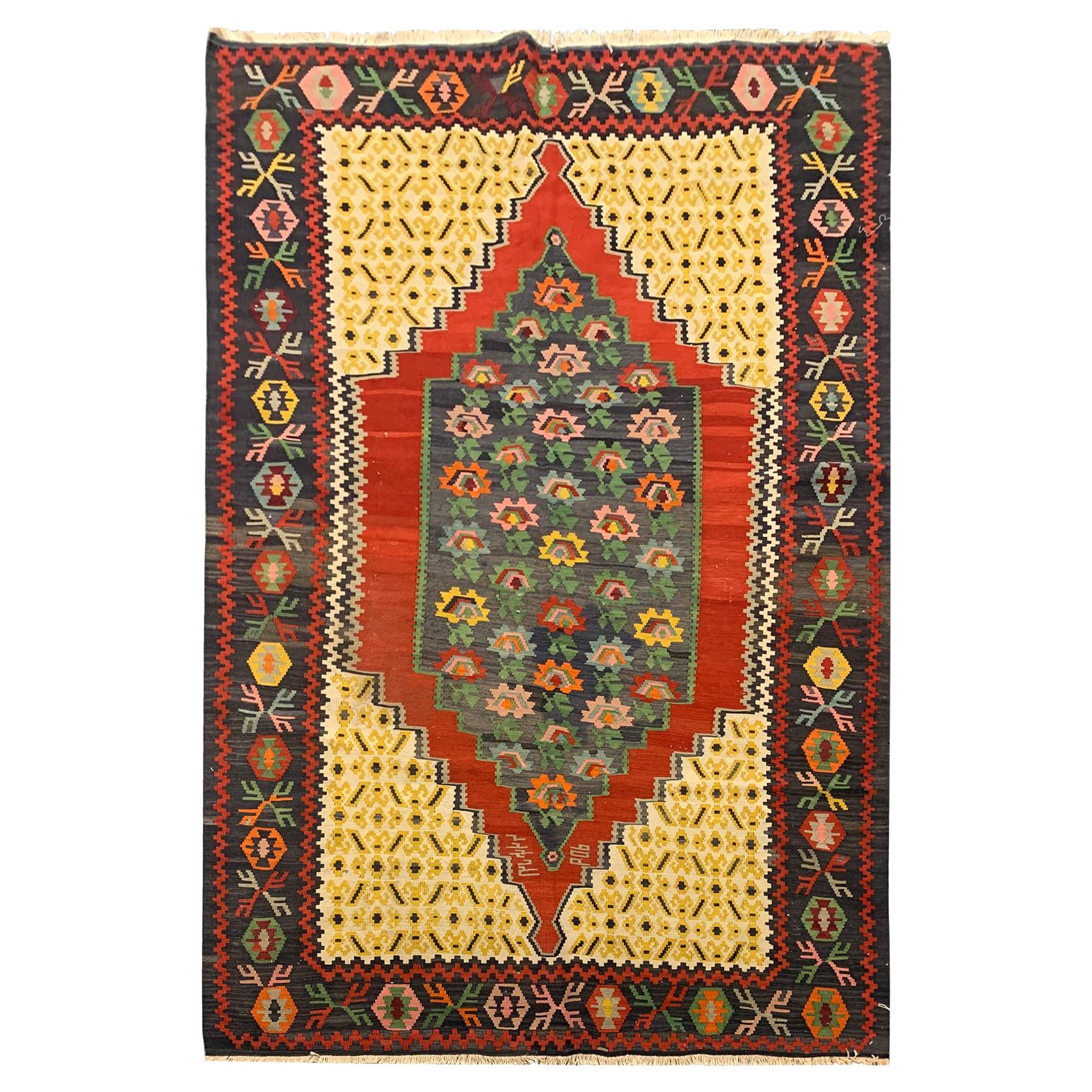 Tappeto antico Karabagh Kilim, lana gialla floreale Kelim