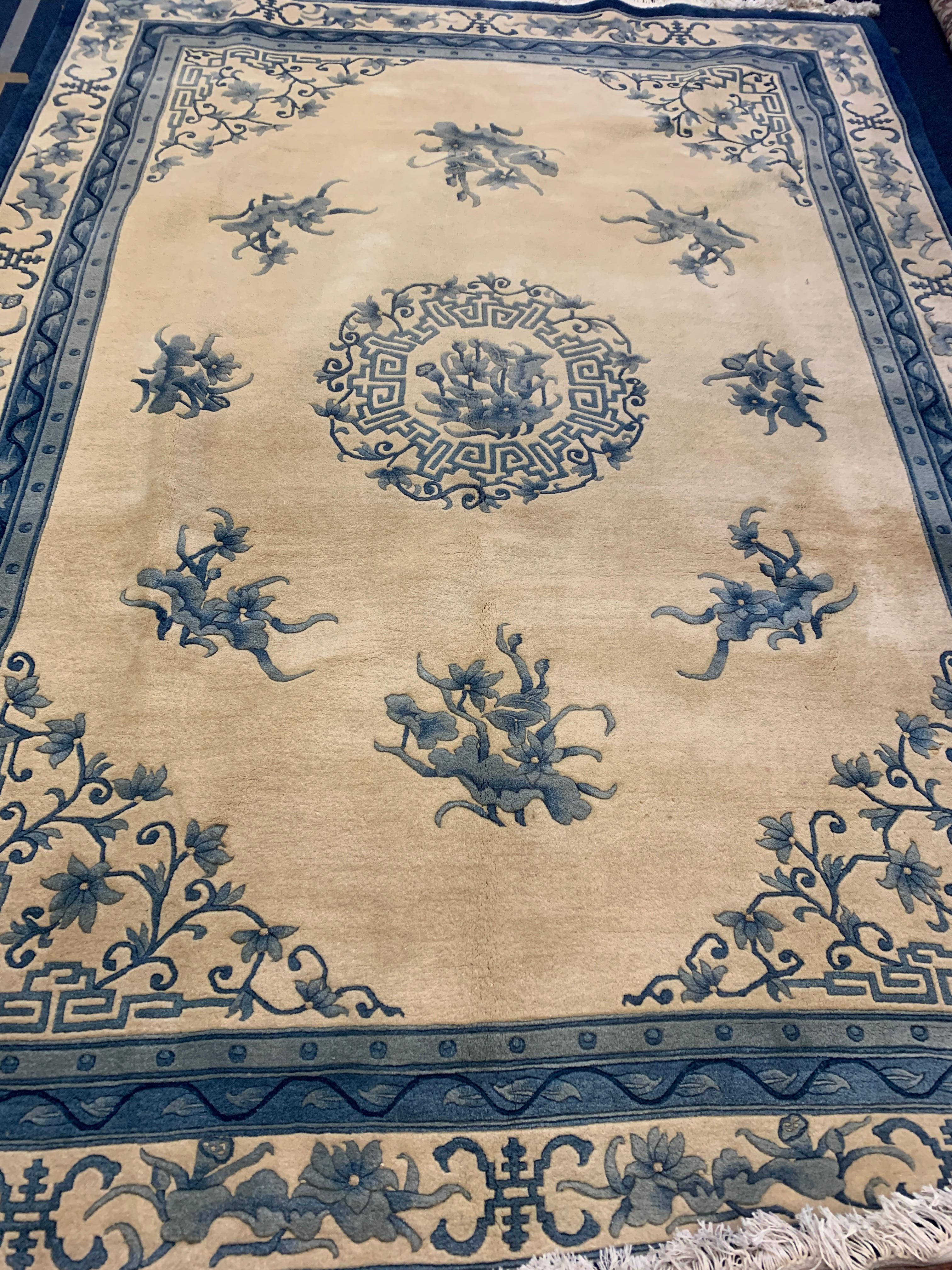 XIXe siècle Tapis ancien chinois Art Déco Tapis oriental fait à la main bleu crème  Tapis d'intérieur en vente