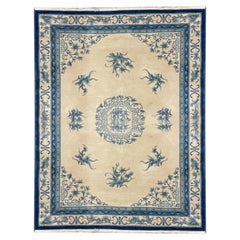 Tapis ancien chinois Art Déco Tapis oriental fait à la main bleu crème  Tapis d'intérieur
